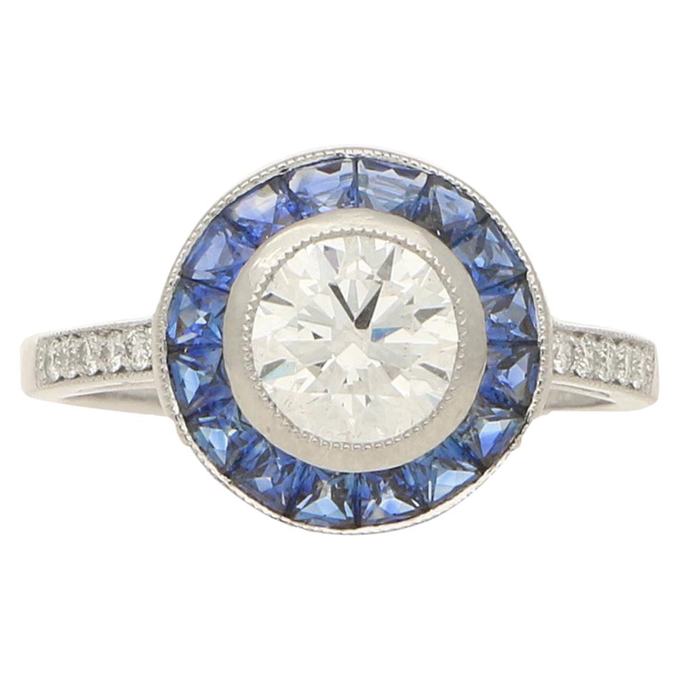 Art Deco Style Sapphire and Diamond Target Engagement Ring in Platinum