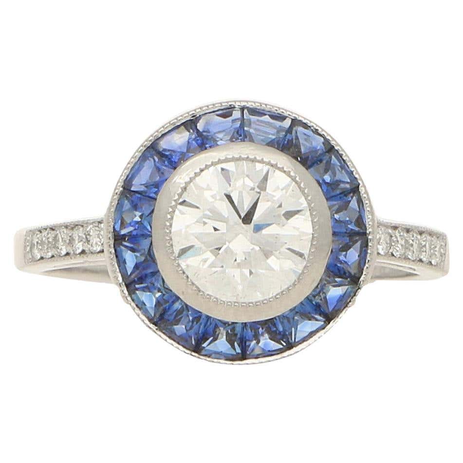 Art Deco Style Sapphire and Diamond Target Engagement Ring in Platinum ...