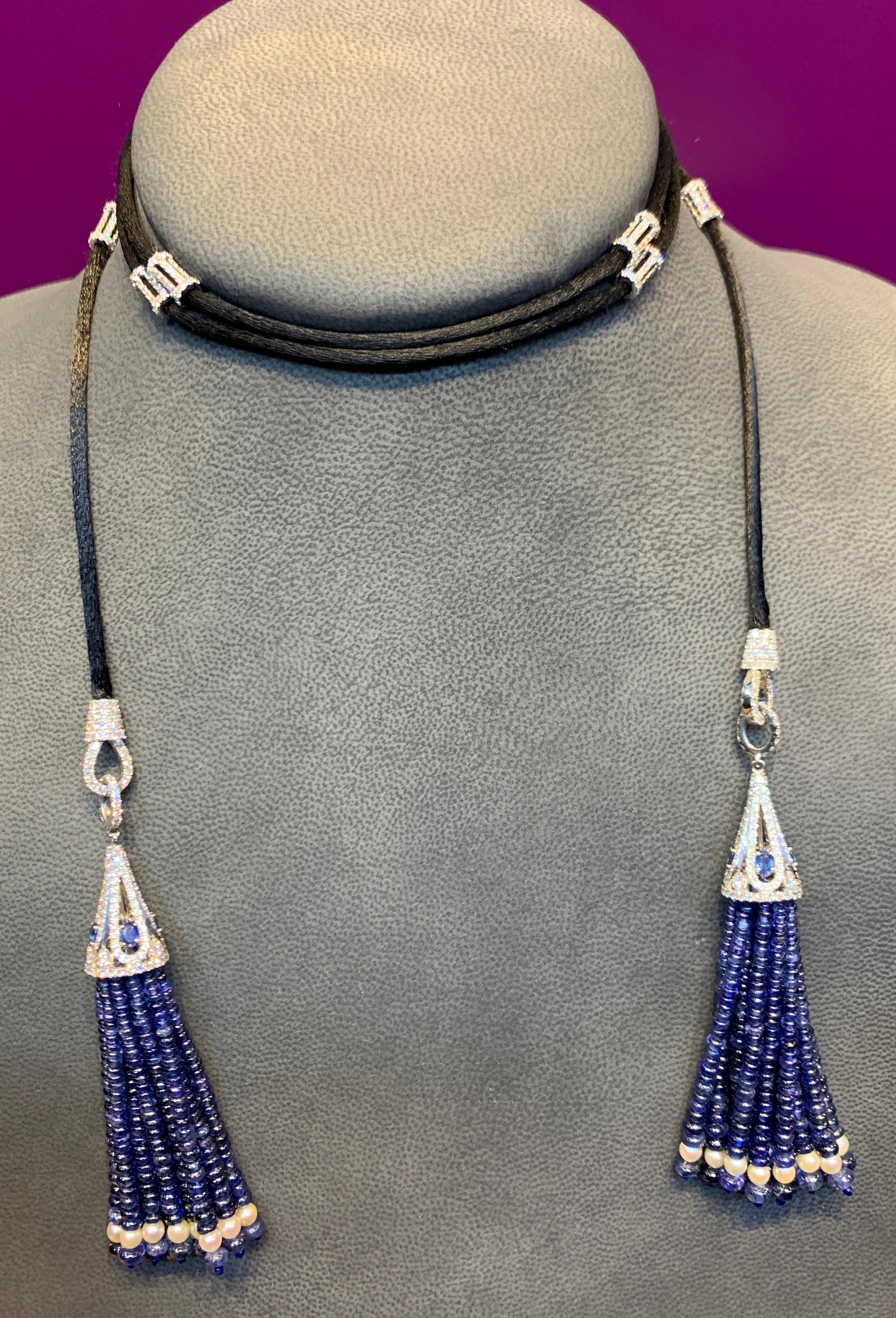 Women's or Men's Sapphire and Diamond Tassel Lariat Necklace For Sale