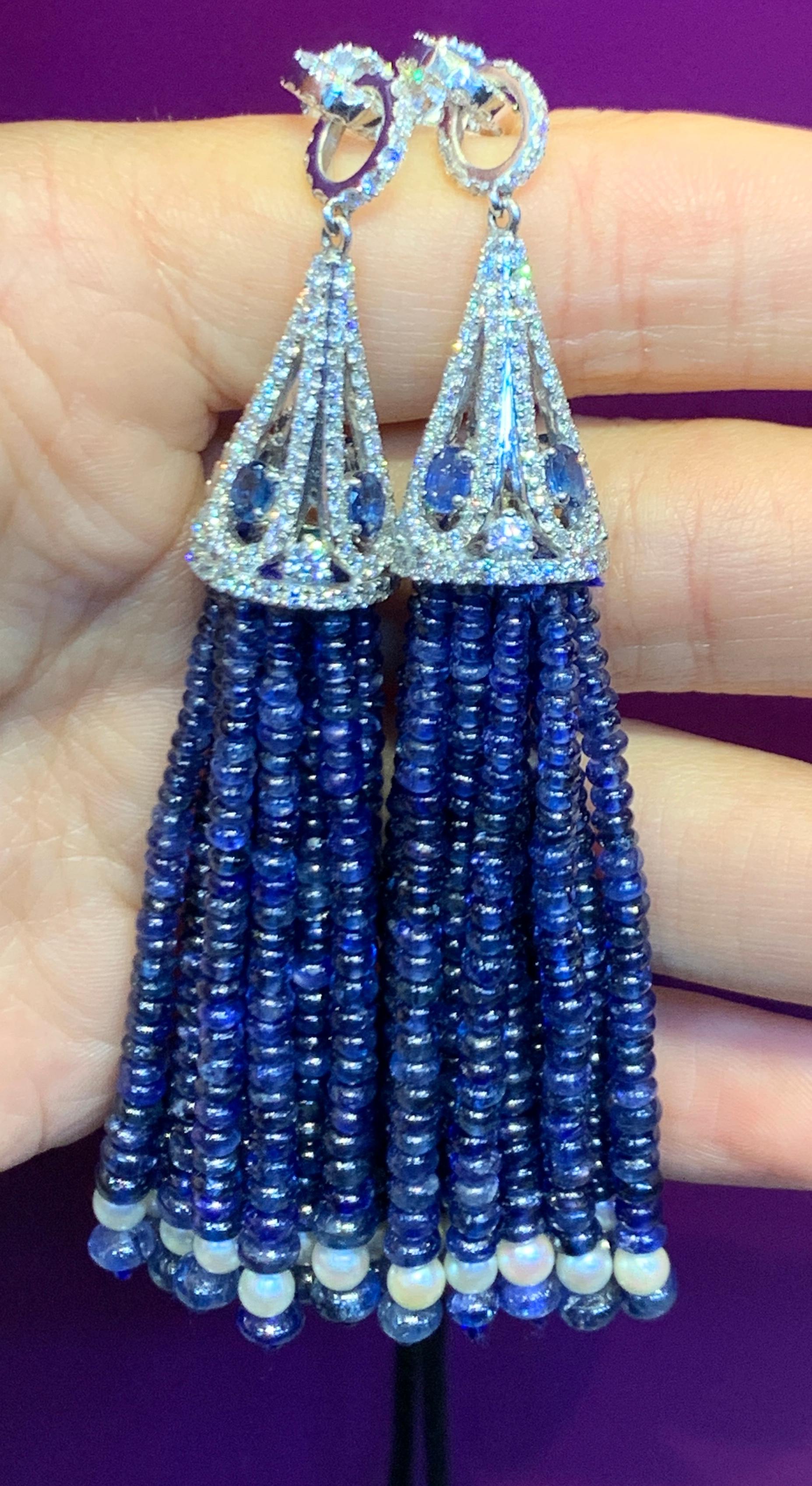 Bead Sapphire and Diamond Tassel Lariat Necklace For Sale