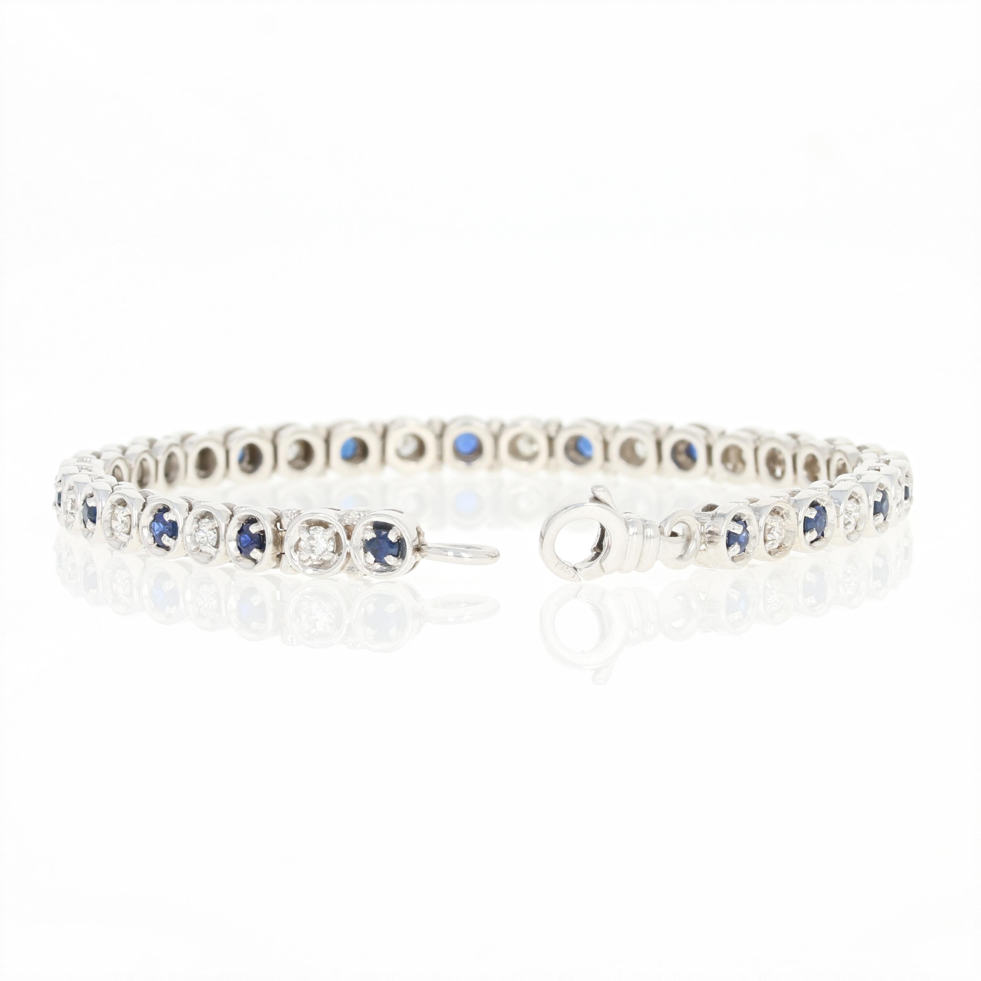 Women's Sapphire and Diamond Tennis Bracelet, 14 Karat White Gold Round Cut 2.72 Carat