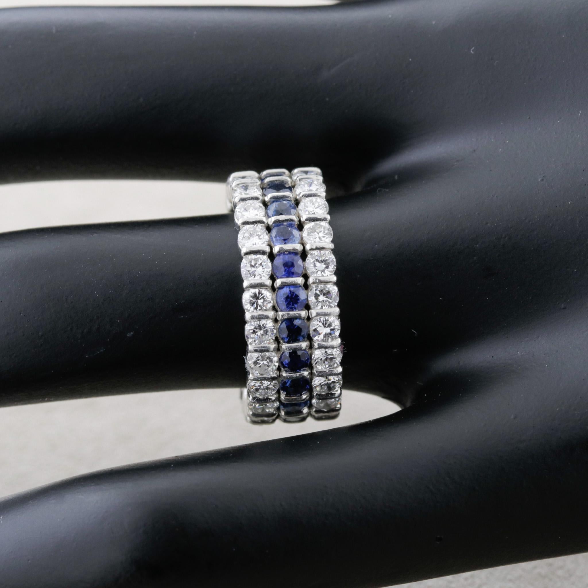 Round Cut Sapphire Diamond Three-Row Platinum Eternity Band Ring