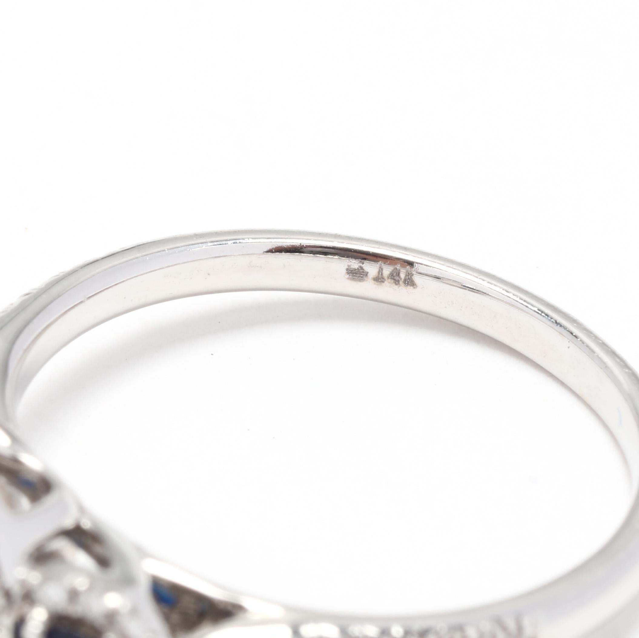 Women's or Men's Sapphire Diamond Three Stone Engagement Ring, 14KT White Gold, Ring For Sale