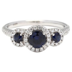 Sapphire Diamond Three Stone Engagement Ring, 14KT White Gold, Ring Sapphire Diamond Three Stone Engagement Ring, 14KT White Gold, Ring
