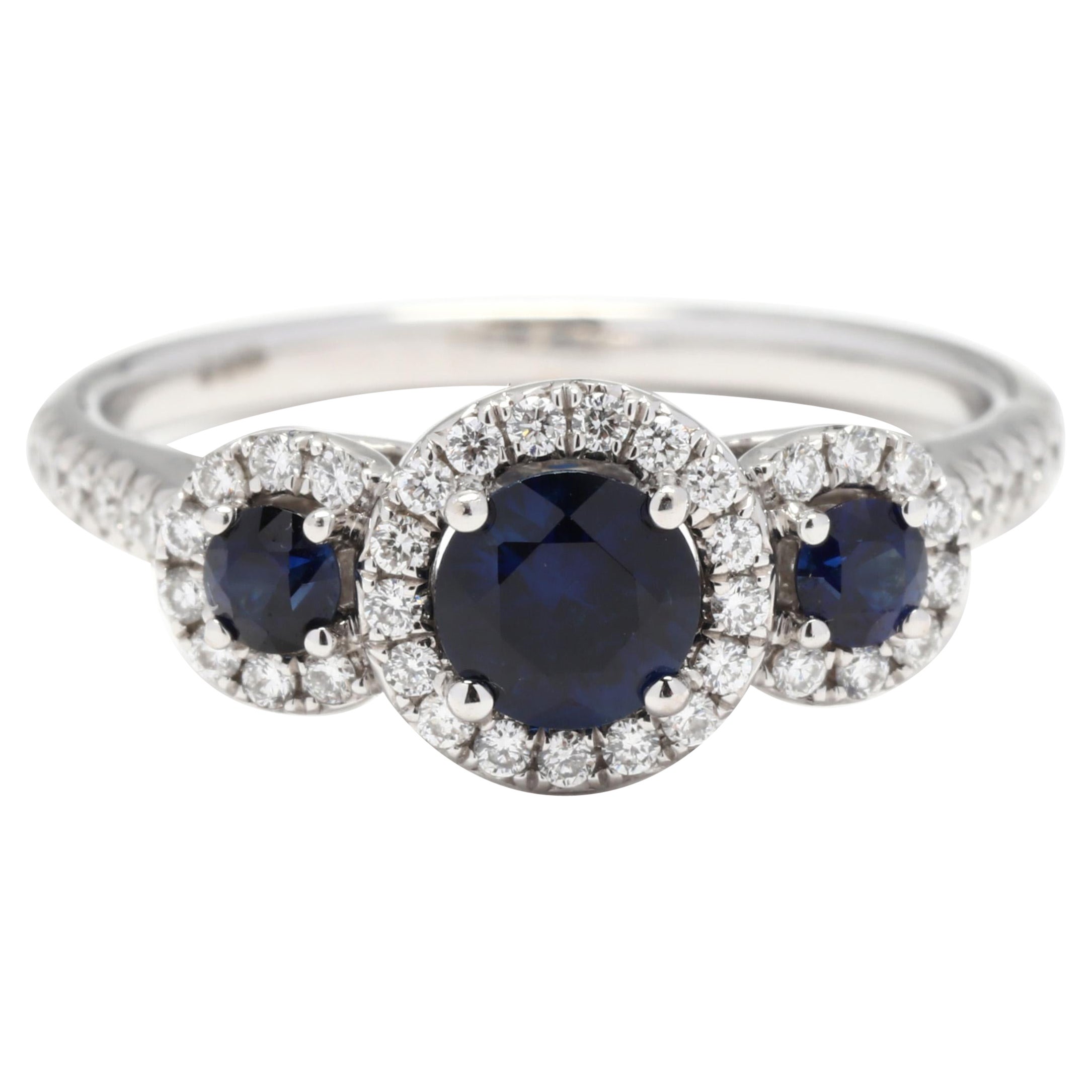 Sapphire Diamond Three Stone Engagement Ring, 14KT White Gold, Ring