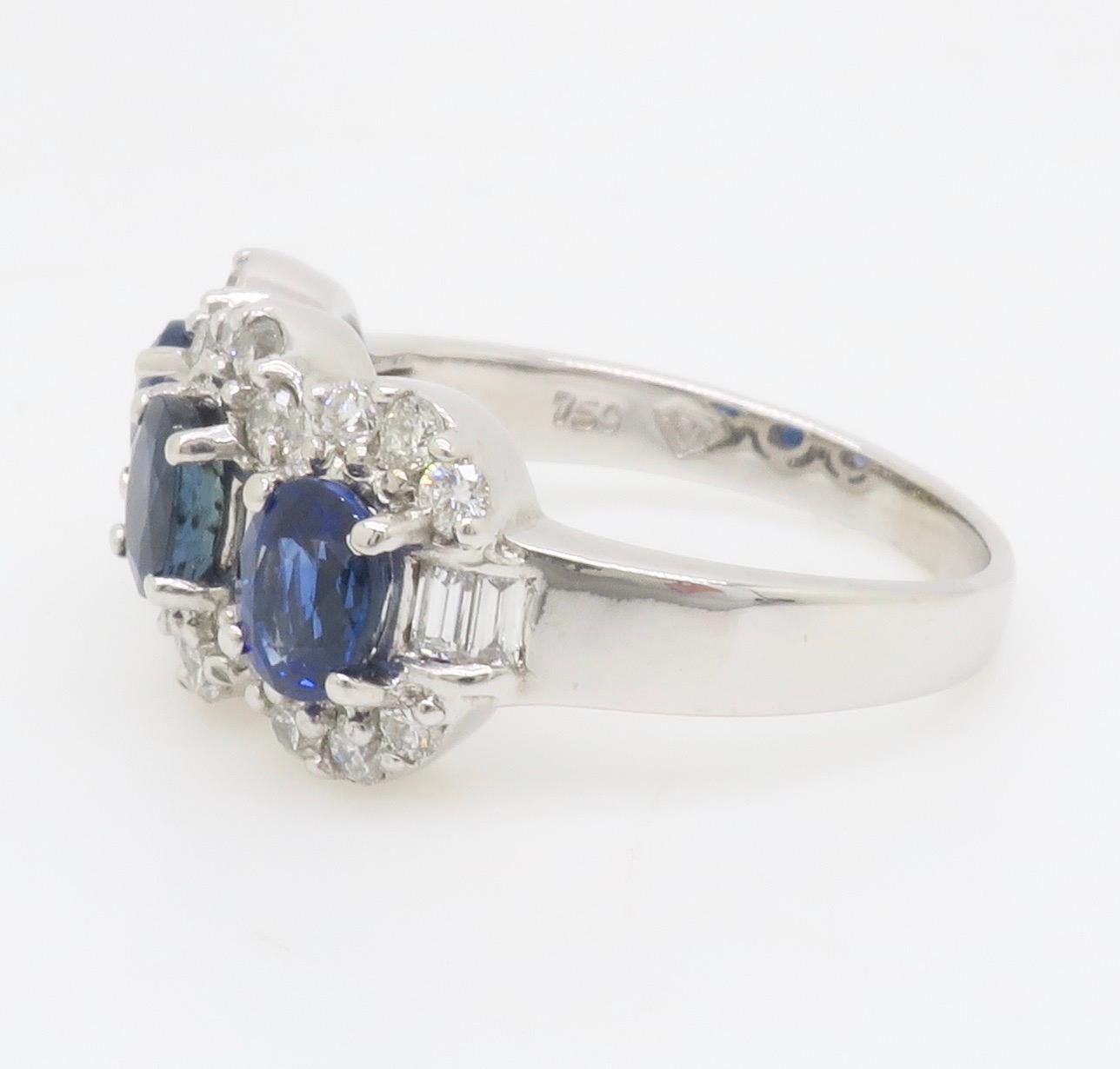 Sapphire & Diamond Three Stone Ring in 18k White Gold For Sale 6
