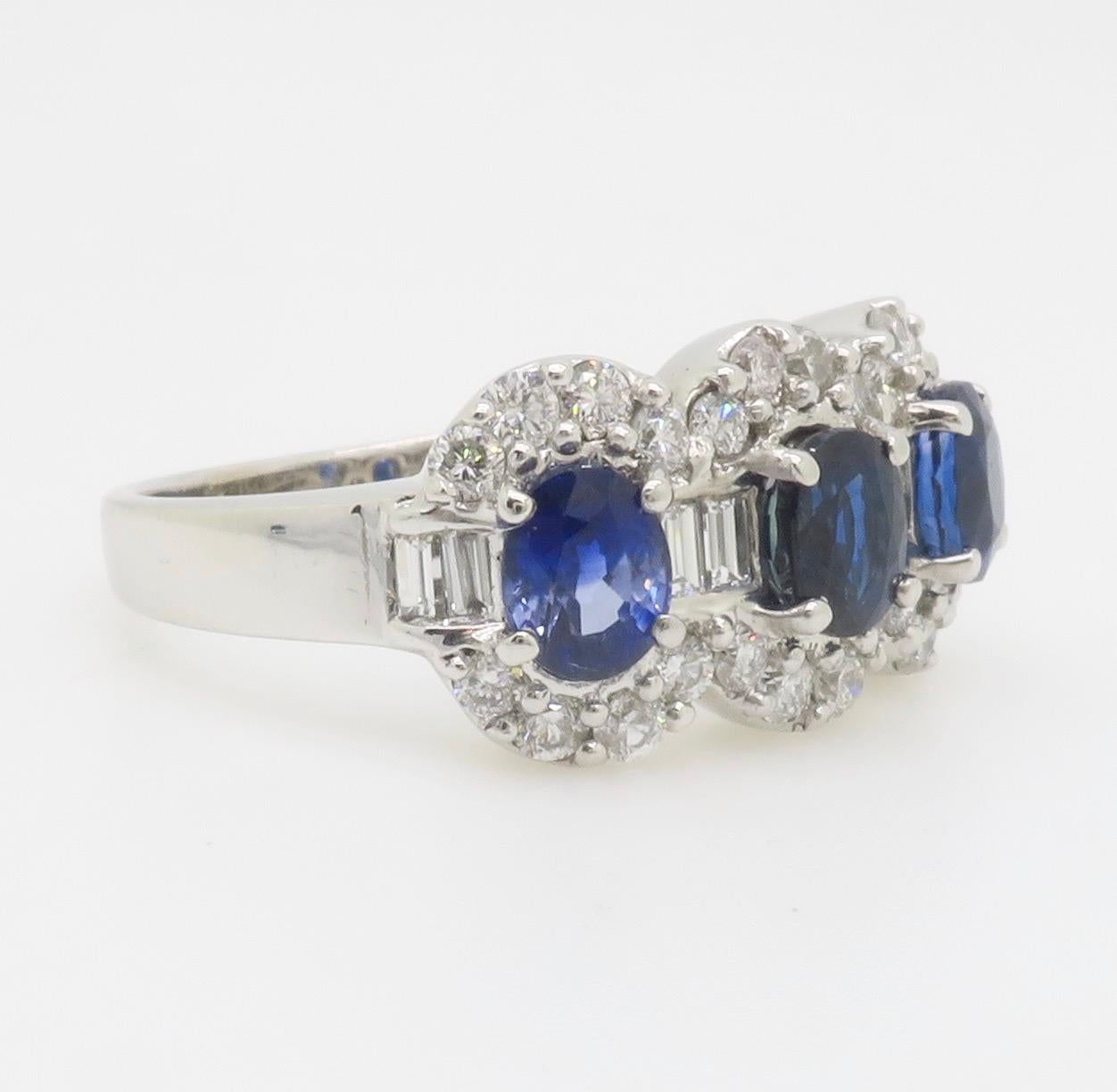 Sapphire & Diamond Three Stone Ring in 18k White Gold For Sale 8
