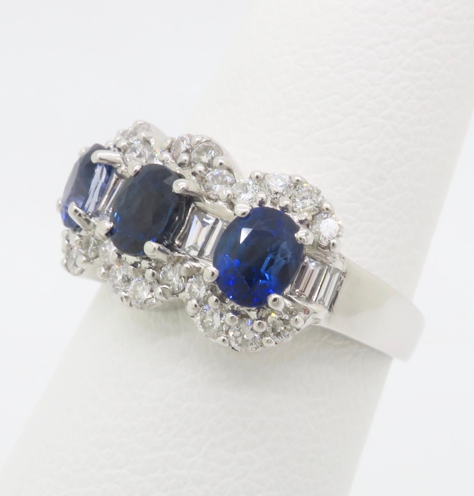 Oval Cut Sapphire & Diamond Three Stone Ring in 18k White Gold For Sale