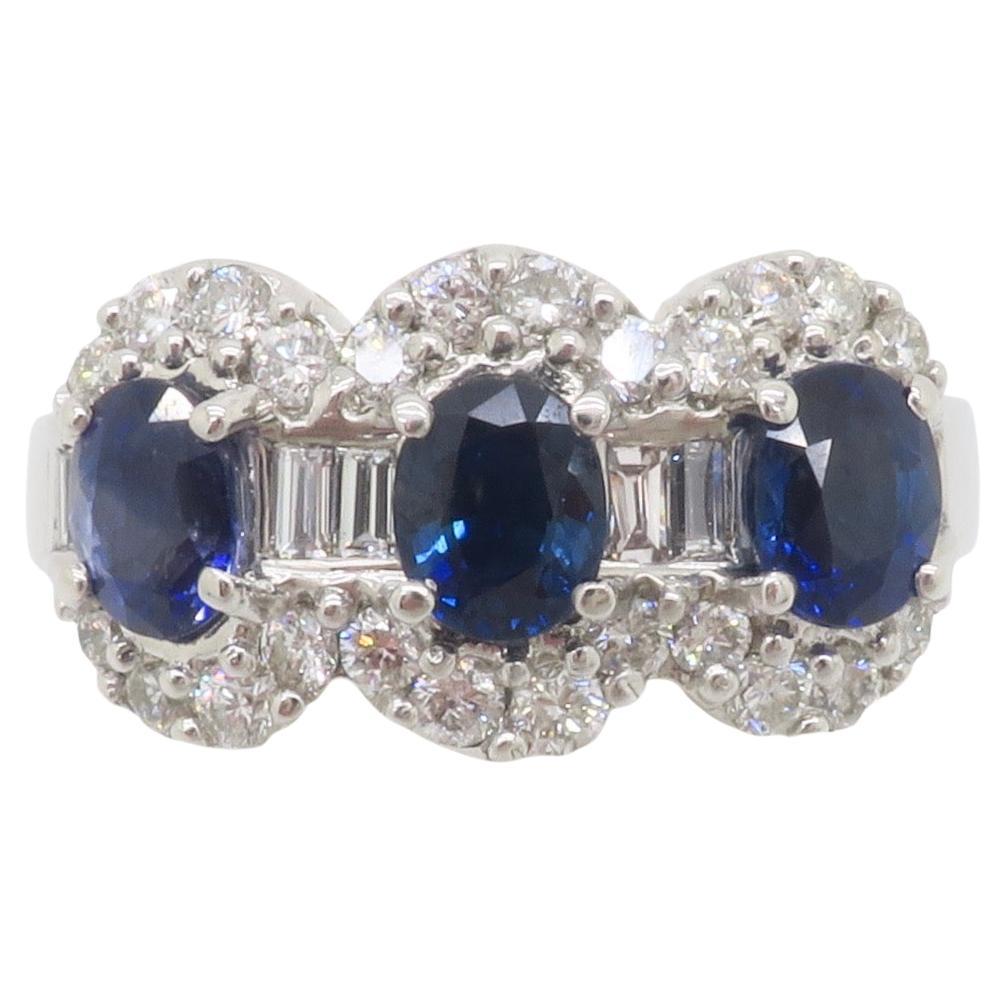 Sapphire & Diamond Three Stone Ring in 18k White Gold