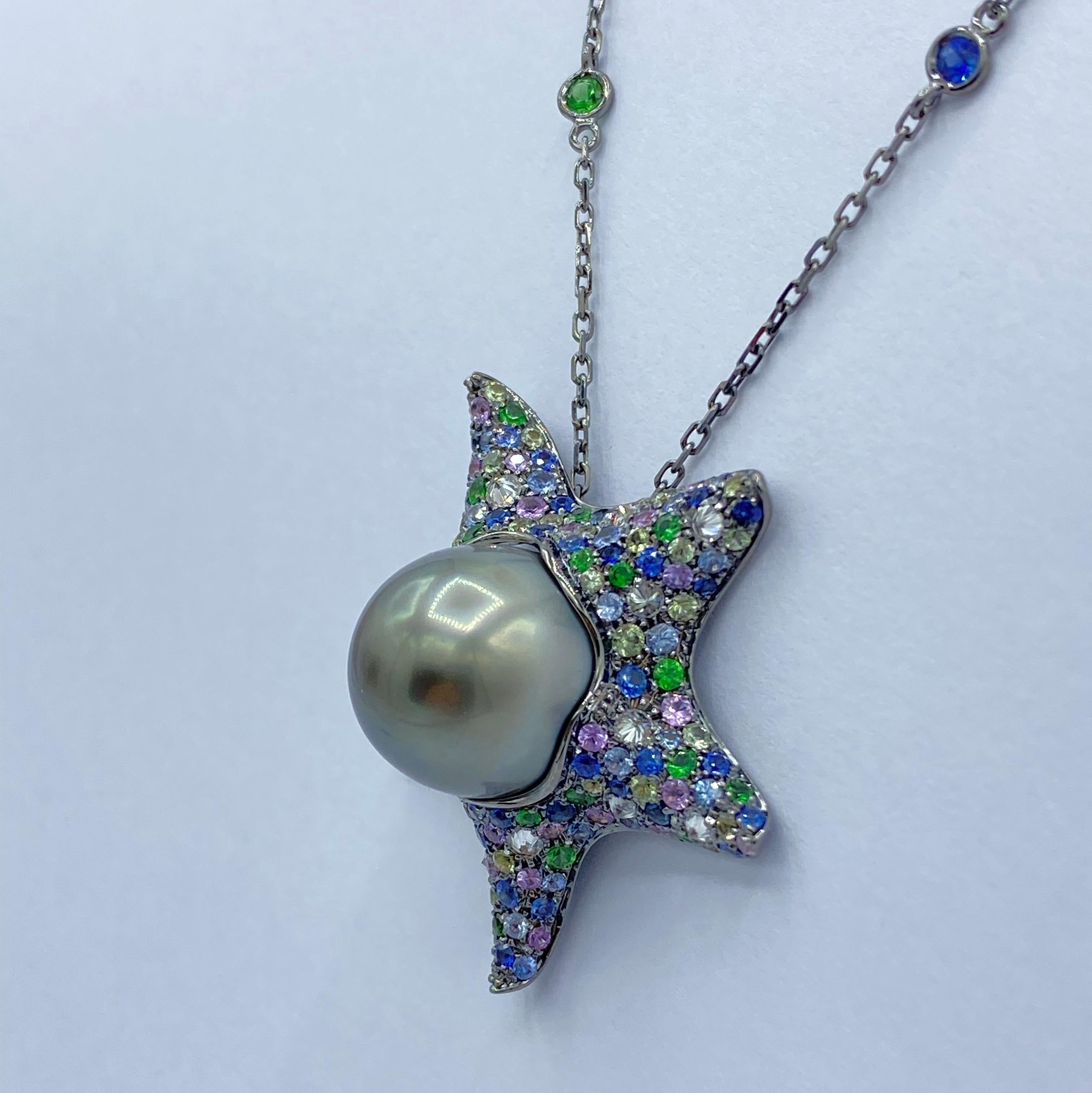 Contemporary Sapphire Diamond Tsavorite Tahitian Pearl 18Kt Gold Starfish Pendant Necklace For Sale