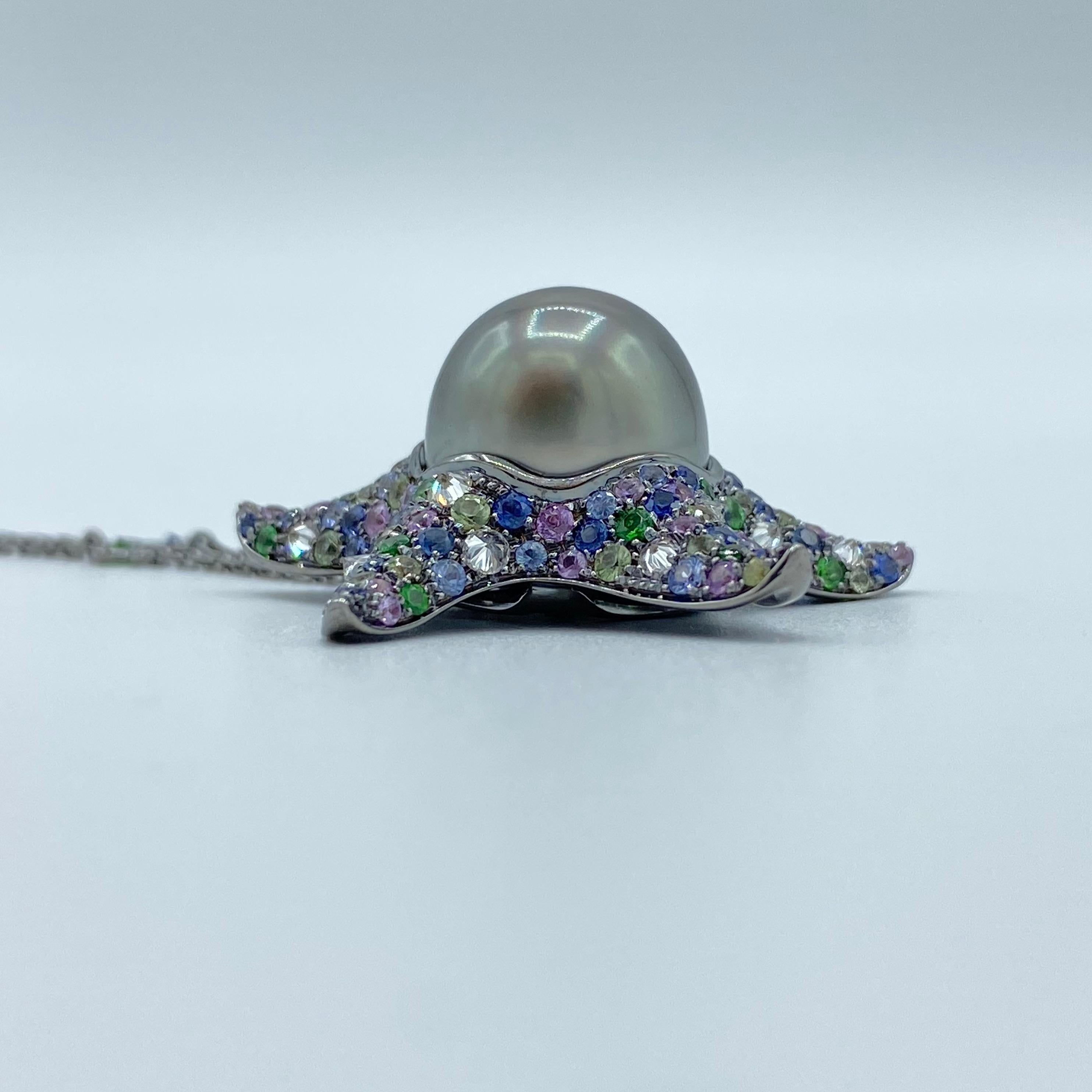 Round Cut Sapphire Diamond Tsavorite Tahitian Pearl 18Kt Gold Starfish Pendant Necklace For Sale