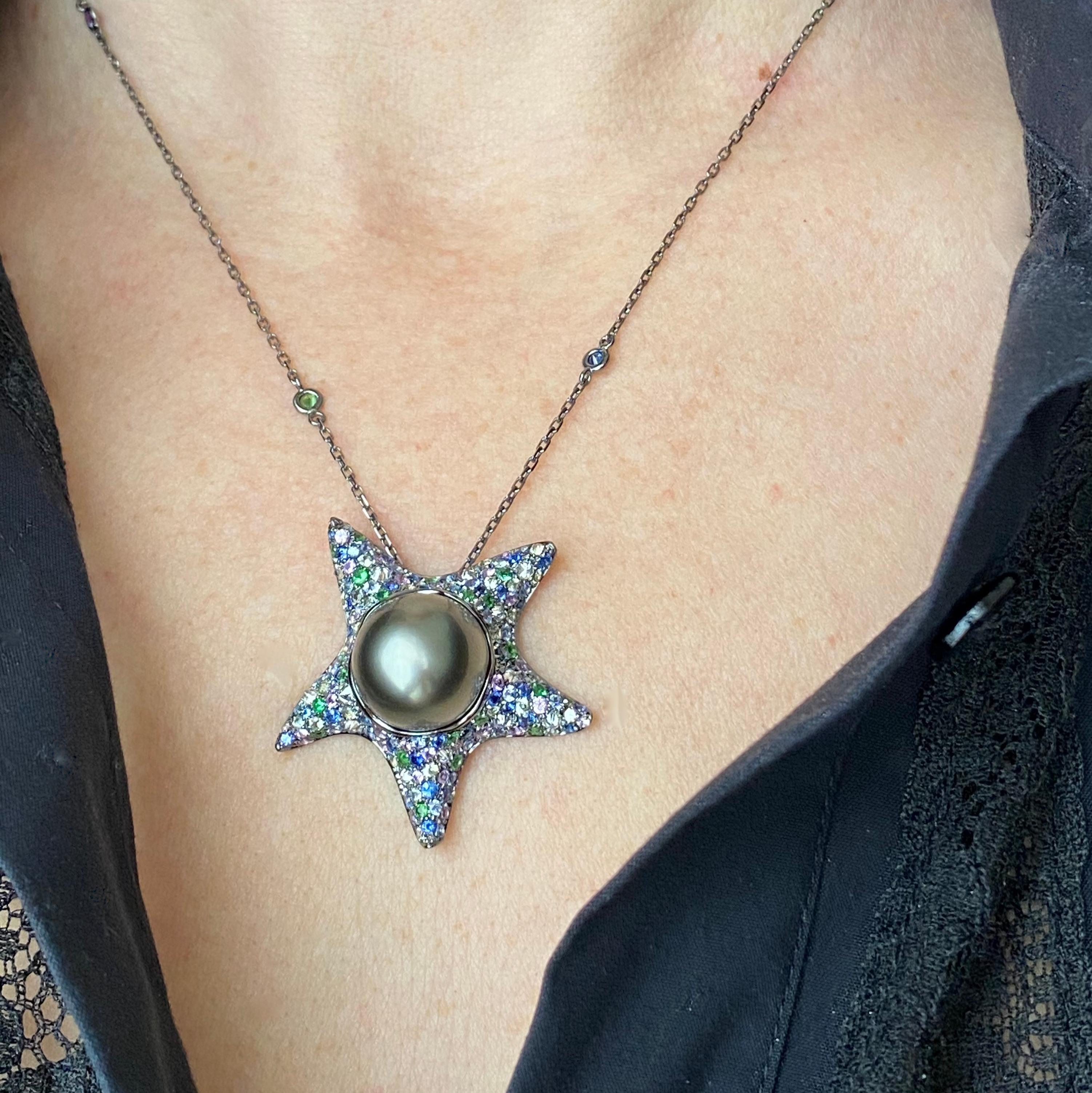 Women's Sapphire Diamond Tsavorite Tahitian Pearl 18Kt Gold Starfish Pendant Necklace For Sale