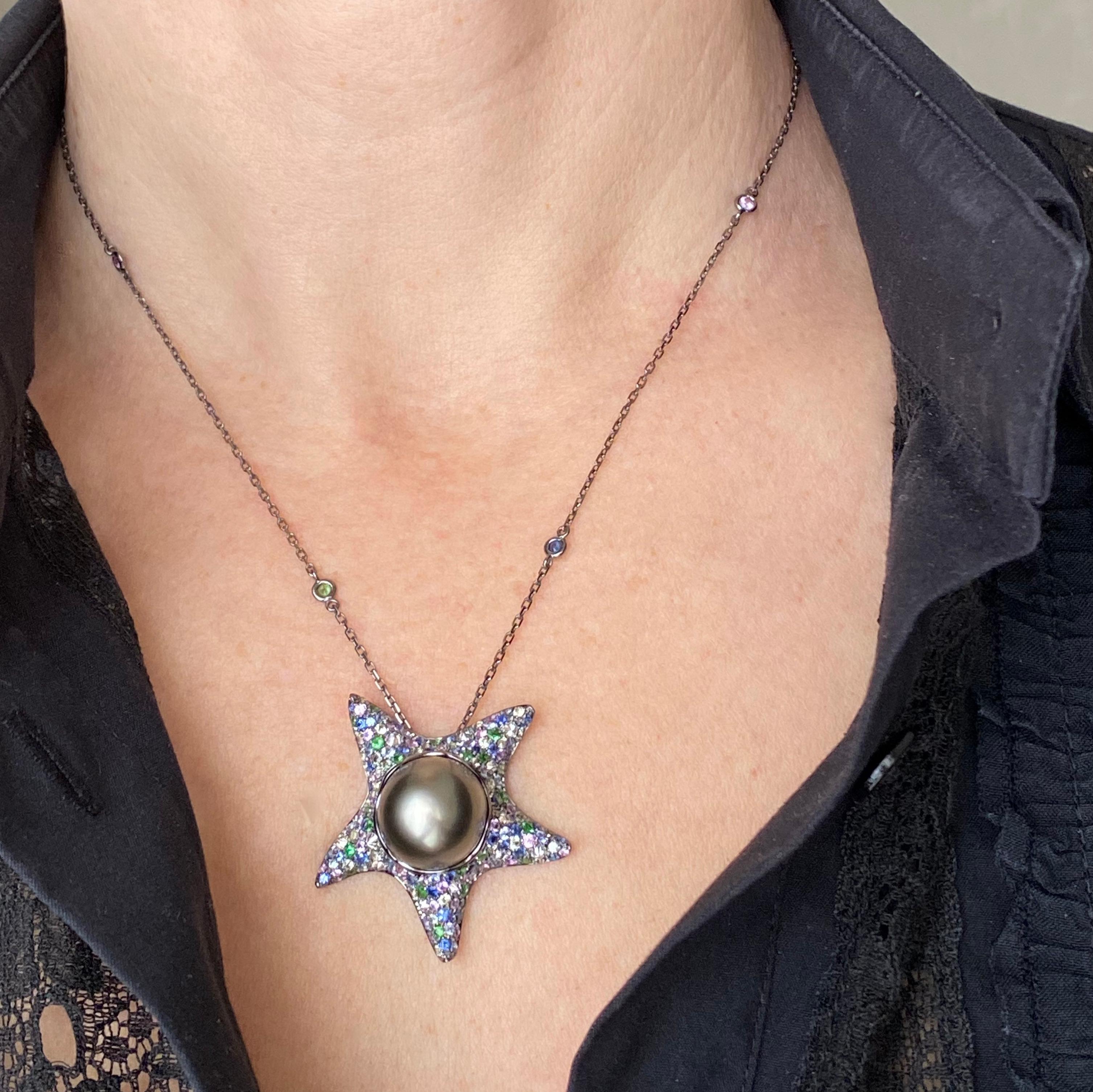 Sapphire Diamond Tsavorite Tahitian Pearl 18Kt Gold Starfish Pendant Necklace For Sale 1