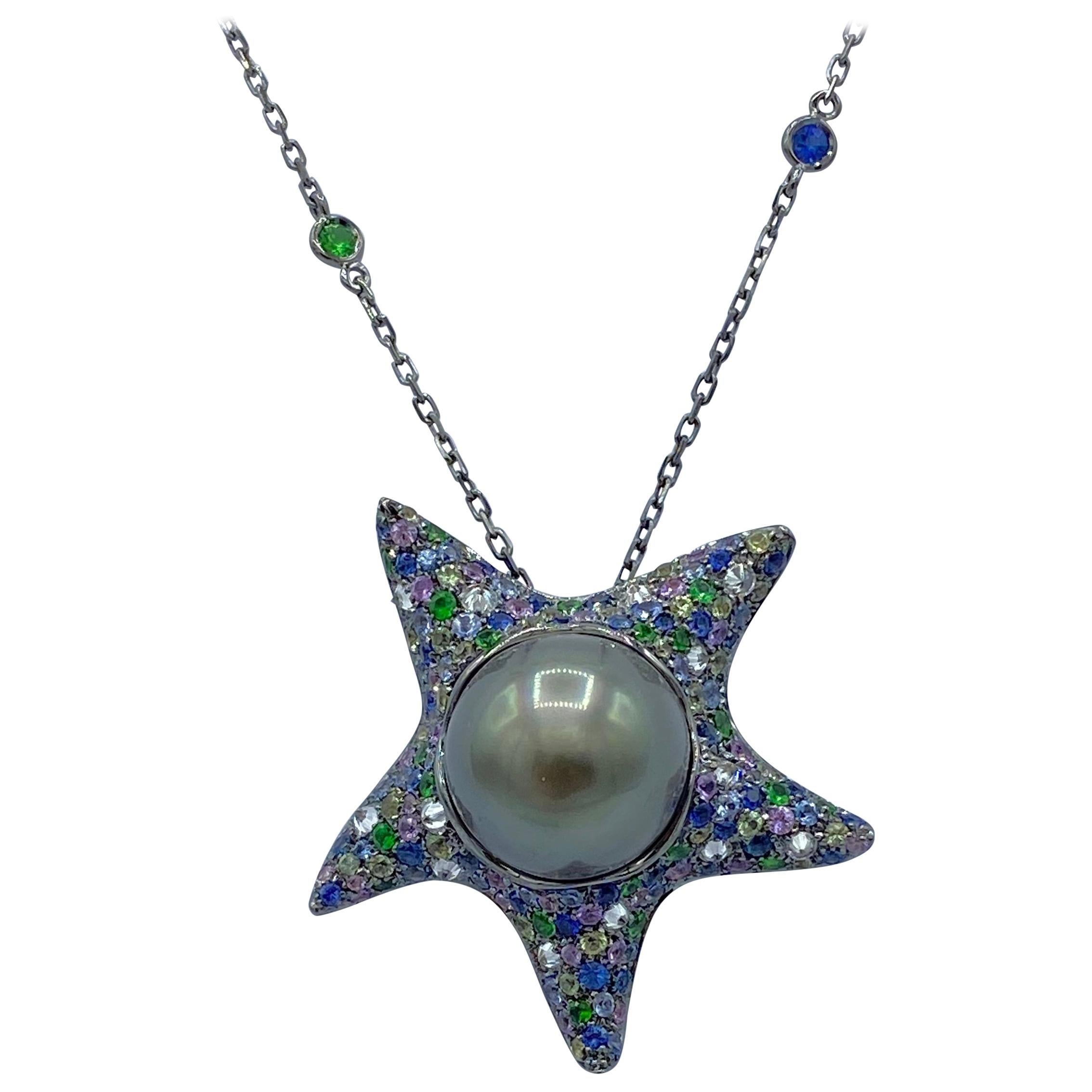 Sapphire Diamond Tsavorite Tahitian Pearl 18Kt Gold Starfish Pendant Necklace For Sale