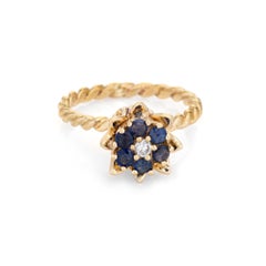 Sapphire Diamond Tulip Ring Vintage 14k Yellow Gold Stacking Band Estate Jewelry