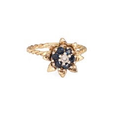 Sapphire Diamond Tulip Ring Vintage 14k Yellow Gold Stacking Band Estate Jewelry