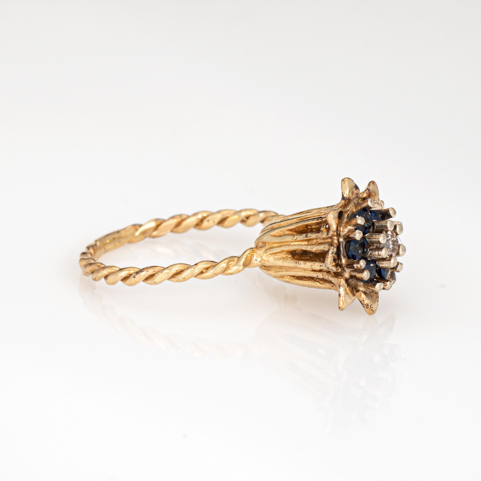 Moderno Sapphire Diamond Tulip Ring Vintage 14k Yellow Gold Stacking Band Estate Jewelry in vendita