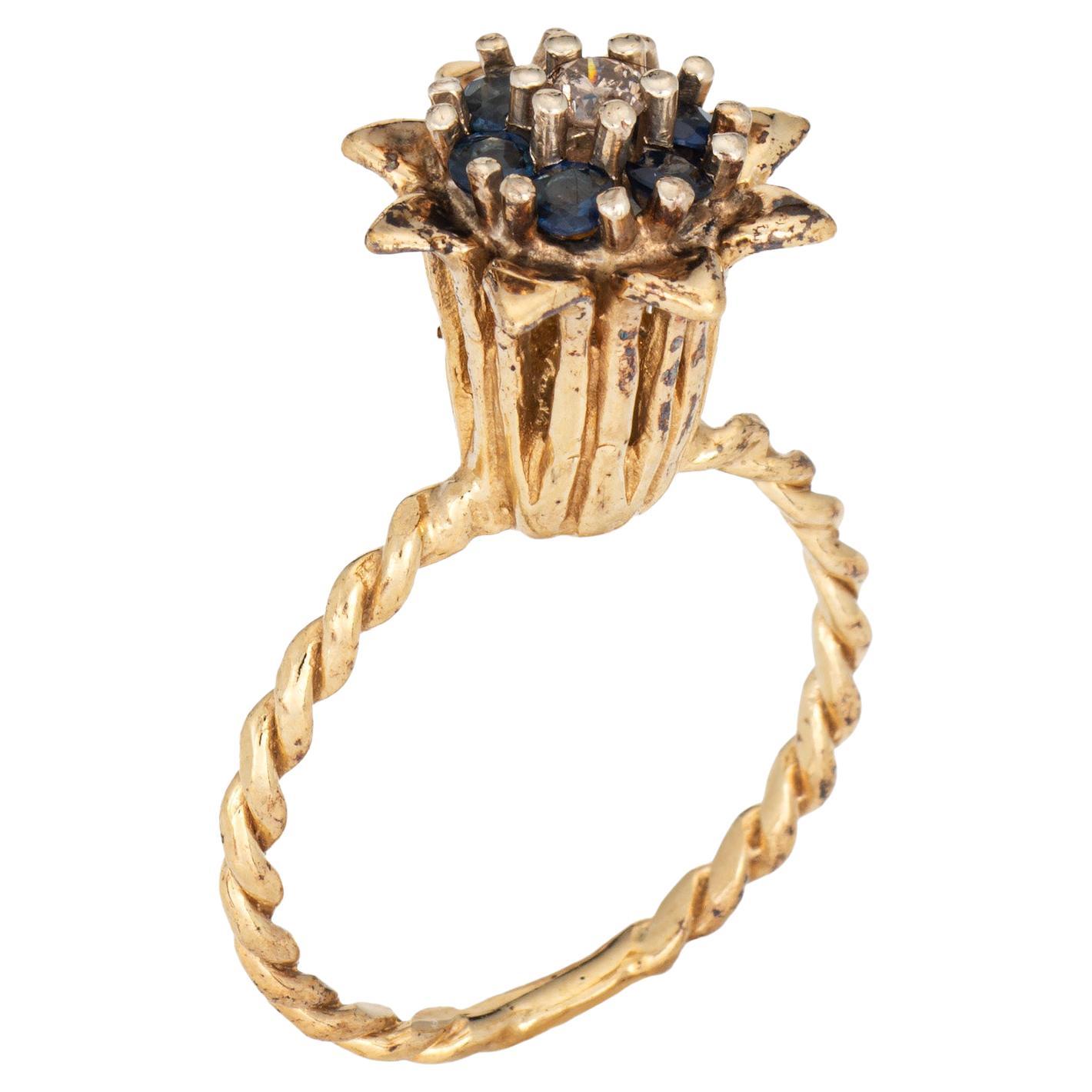 Sapphire Diamond Tulip Ring Vintage 14k Yellow Gold Stacking Band Estate Jewelry