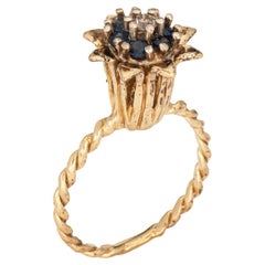 Sapphire Diamond Tulip Ring Vintage 14k Yellow Gold Stacking Band Estate Jewelry