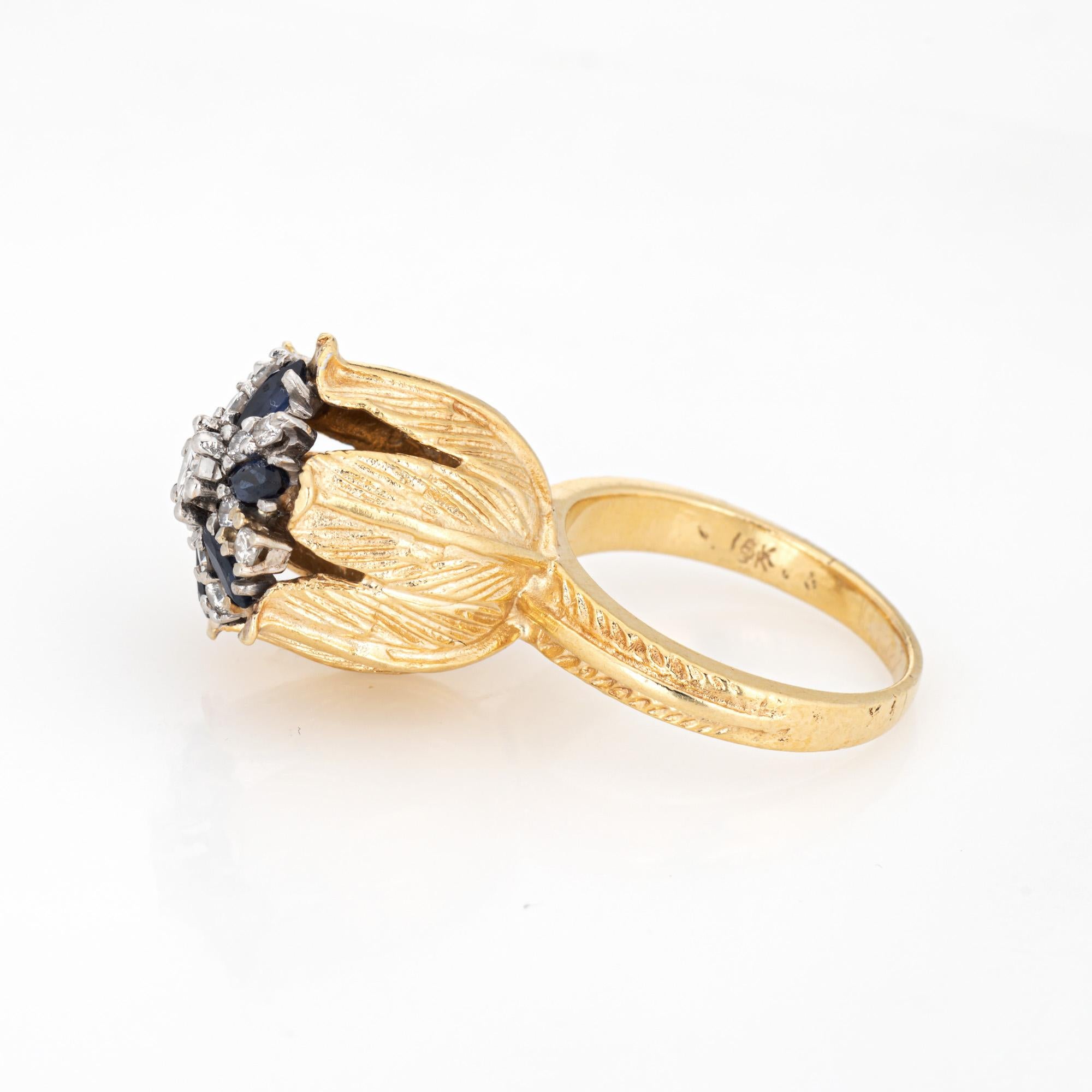 Marquise Cut Sapphire Diamond Tulip Ring Vintage 18k Yellow Gold Stacking Band Sz 5.75  For Sale
