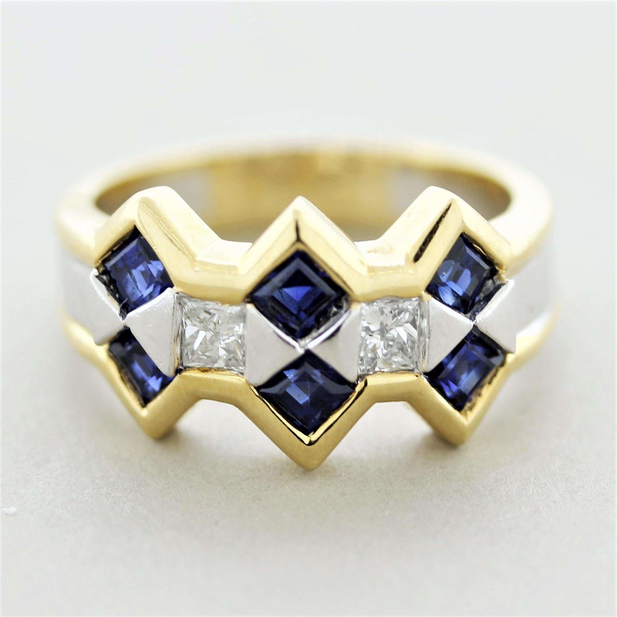 Ein stilvoller Ring aus 18k Weiß- und Gelbgold! Er besteht aus 6 quadratischen blauen Saphiren mit einem Gewicht von 1,06 Karat und 2 größeren Diamanten im Prinzessschliff mit einem Gesamtgewicht von 0,32 Karat. Hergestellt aus 18 Karat Gold und