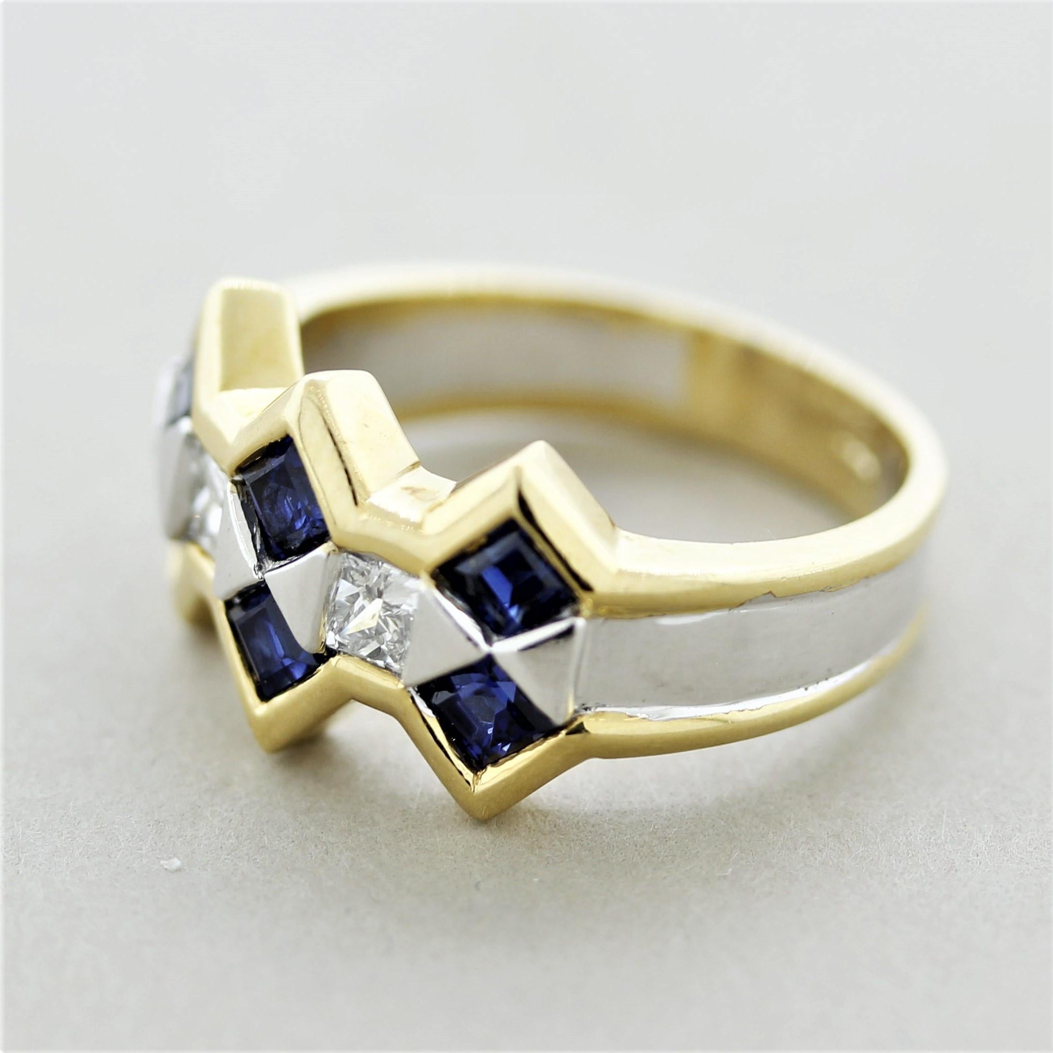 Mixed Cut Sapphire Diamond Two-Tone Gold Ring For Sale