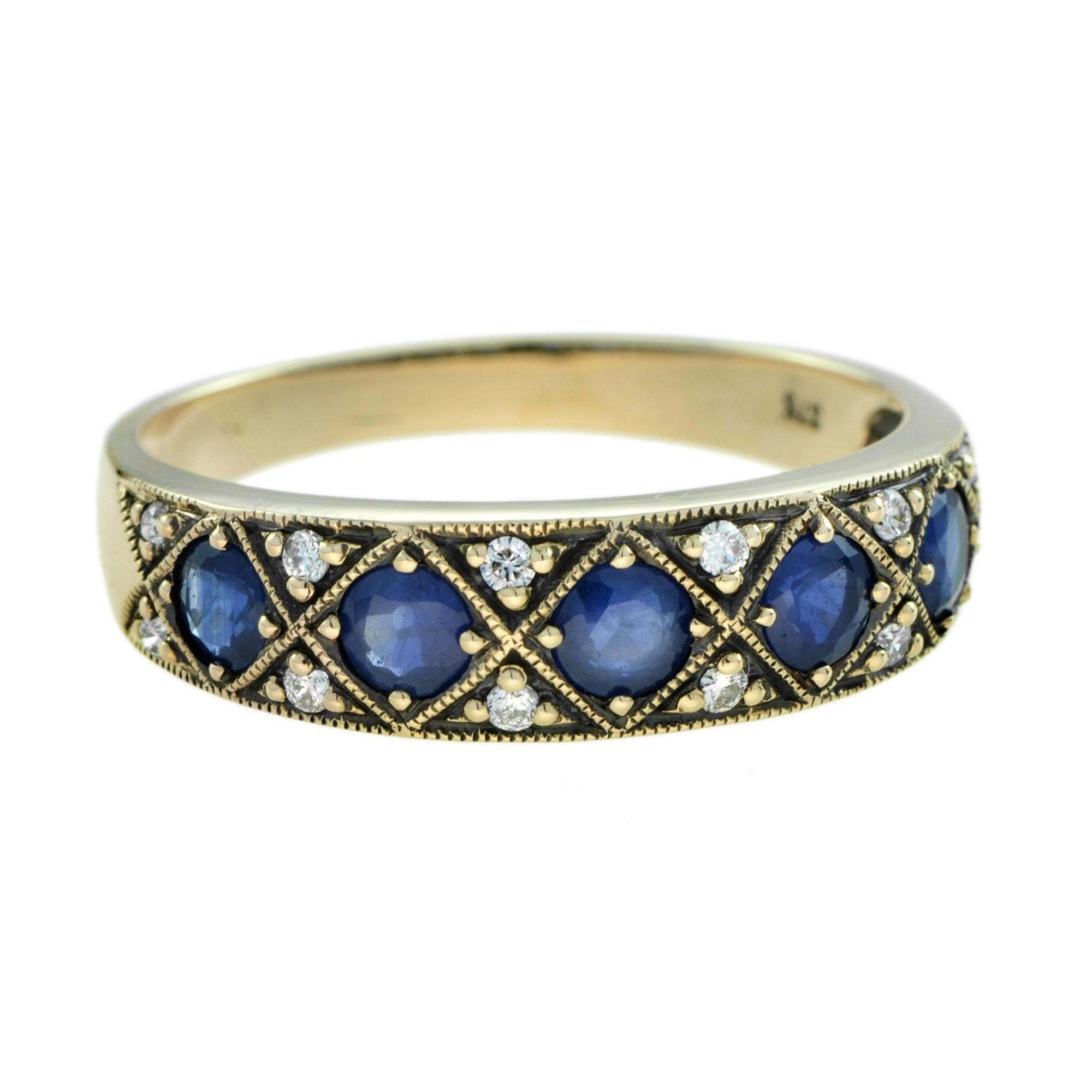 This vintage style half eternity band for her exhibits round shaped blue sapphires and small diamonds in prong setting. Designed to fit perfectly and complement your engagement ring. 14K Yellow Gold. 
Ring Information
Style: Vintage
 Total weight: