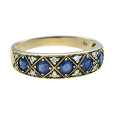 Sapphire & Diamond Vintage Style Half Eternity Band 14K Yellow Gold Ring