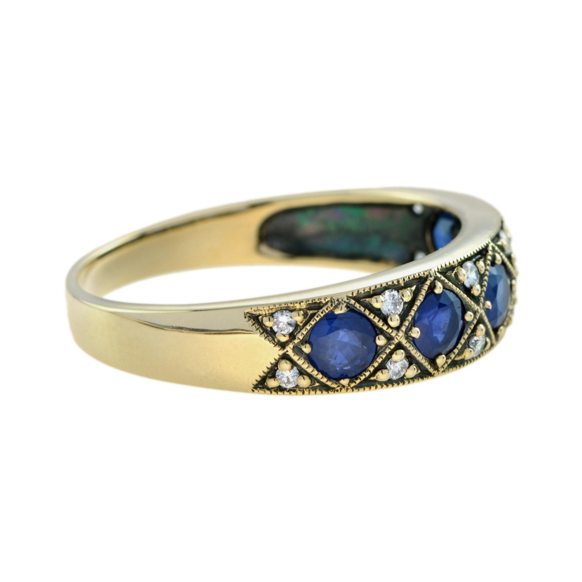 Taglio rotondo Sapphire & Diamond Vintage Style Half Eternity Band 14K Yellow Gold Ring in vendita