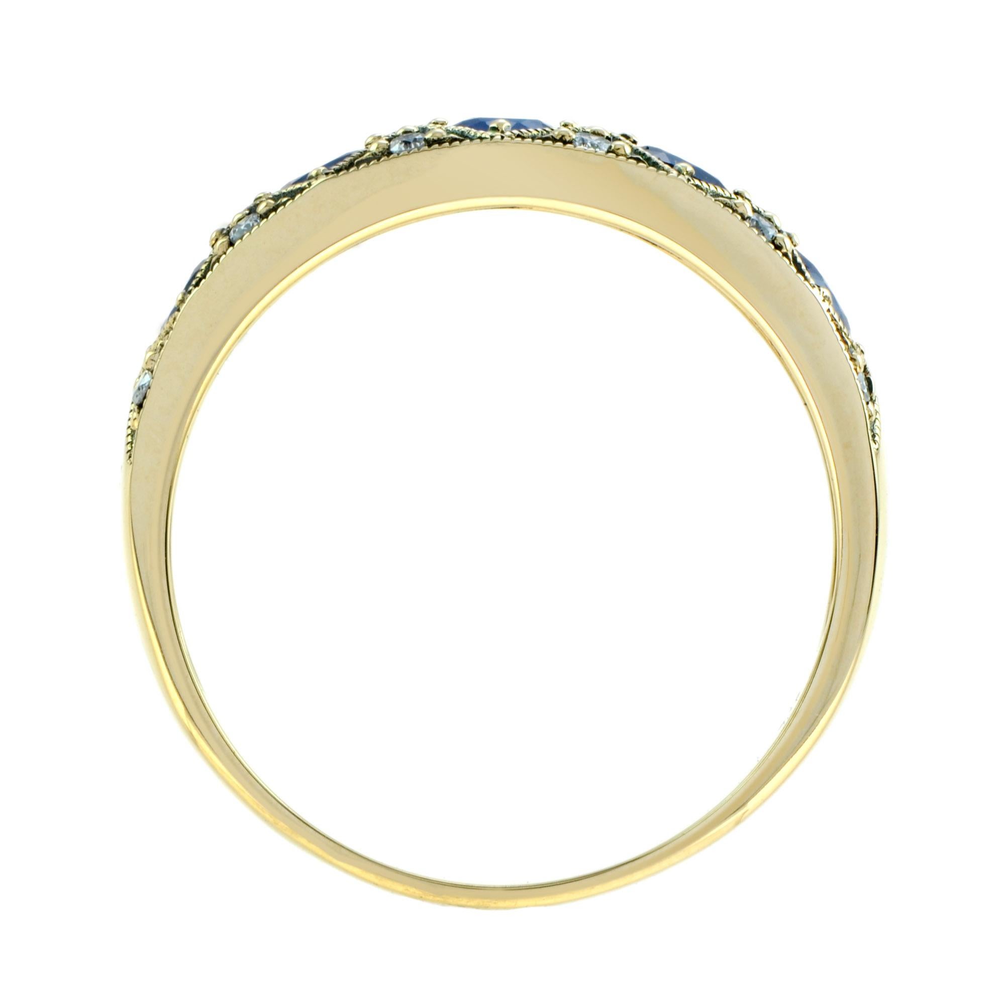 Sapphire & Diamond Vintage Style Half Eternity Band 14K Yellow Gold Ring In condizioni Nuovo in vendita a Oakton, VA