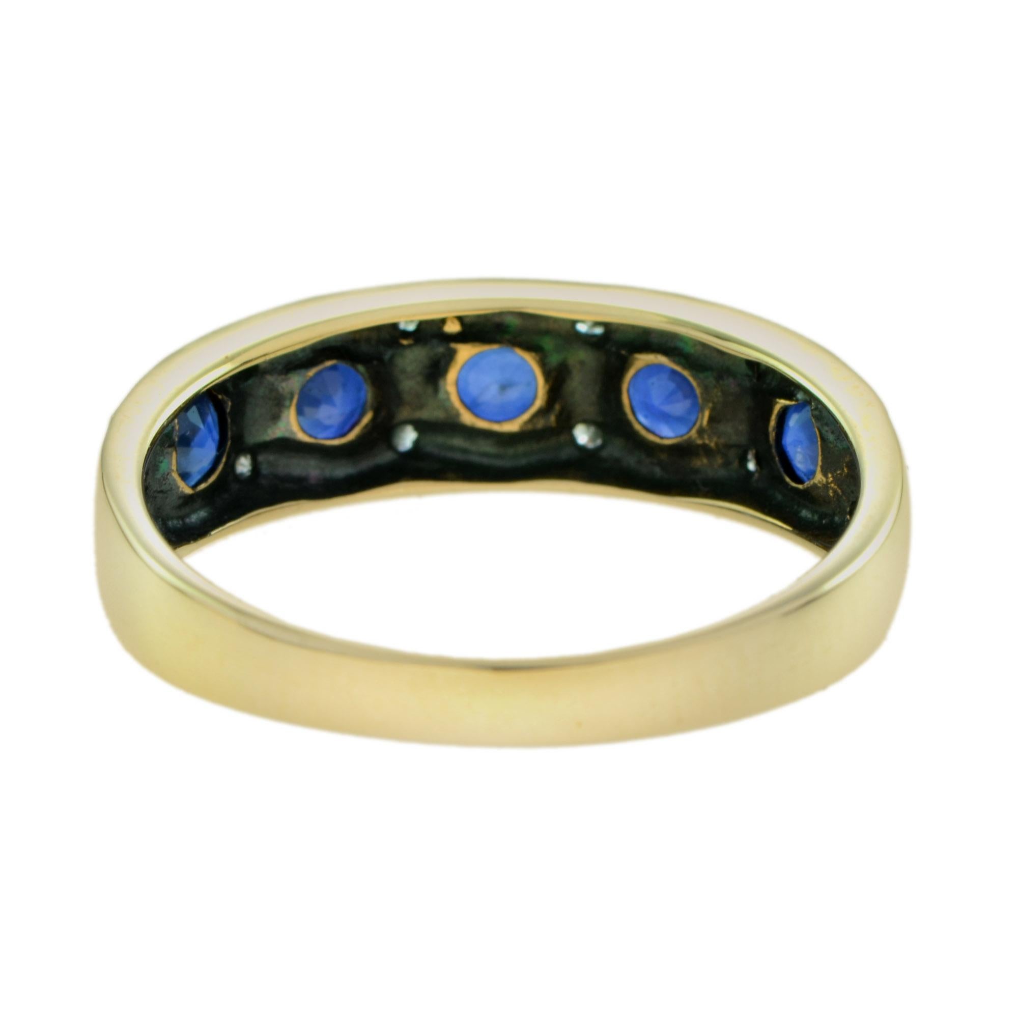 Donna Sapphire & Diamond Vintage Style Half Eternity Band 14K Yellow Gold Ring in vendita