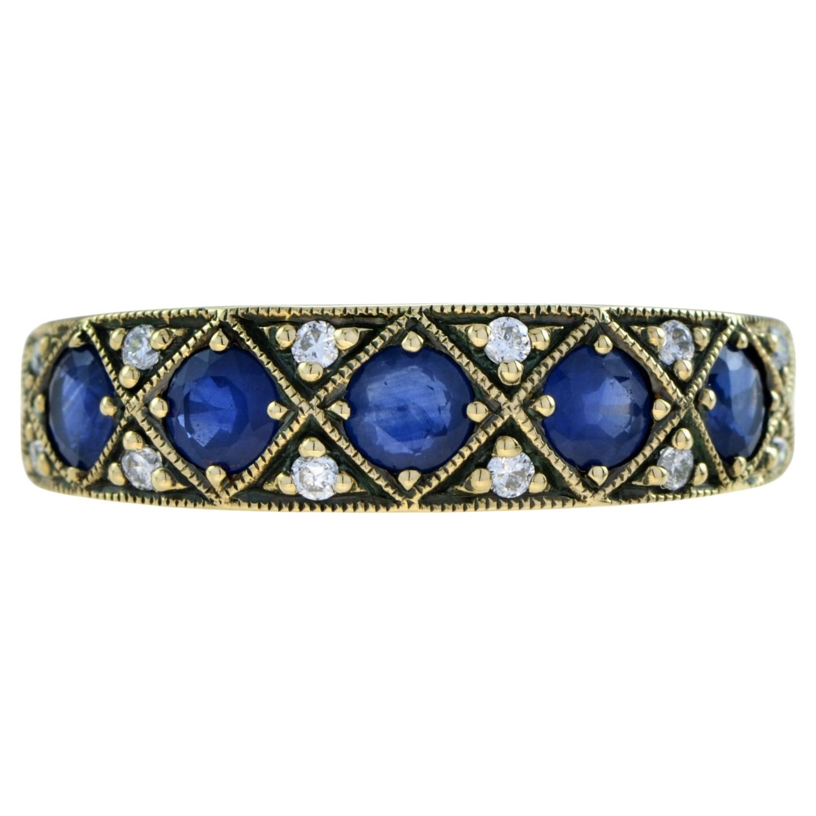 Sapphire & Diamond Vintage Style Half Eternity Band 14K Yellow Gold Ring in vendita
