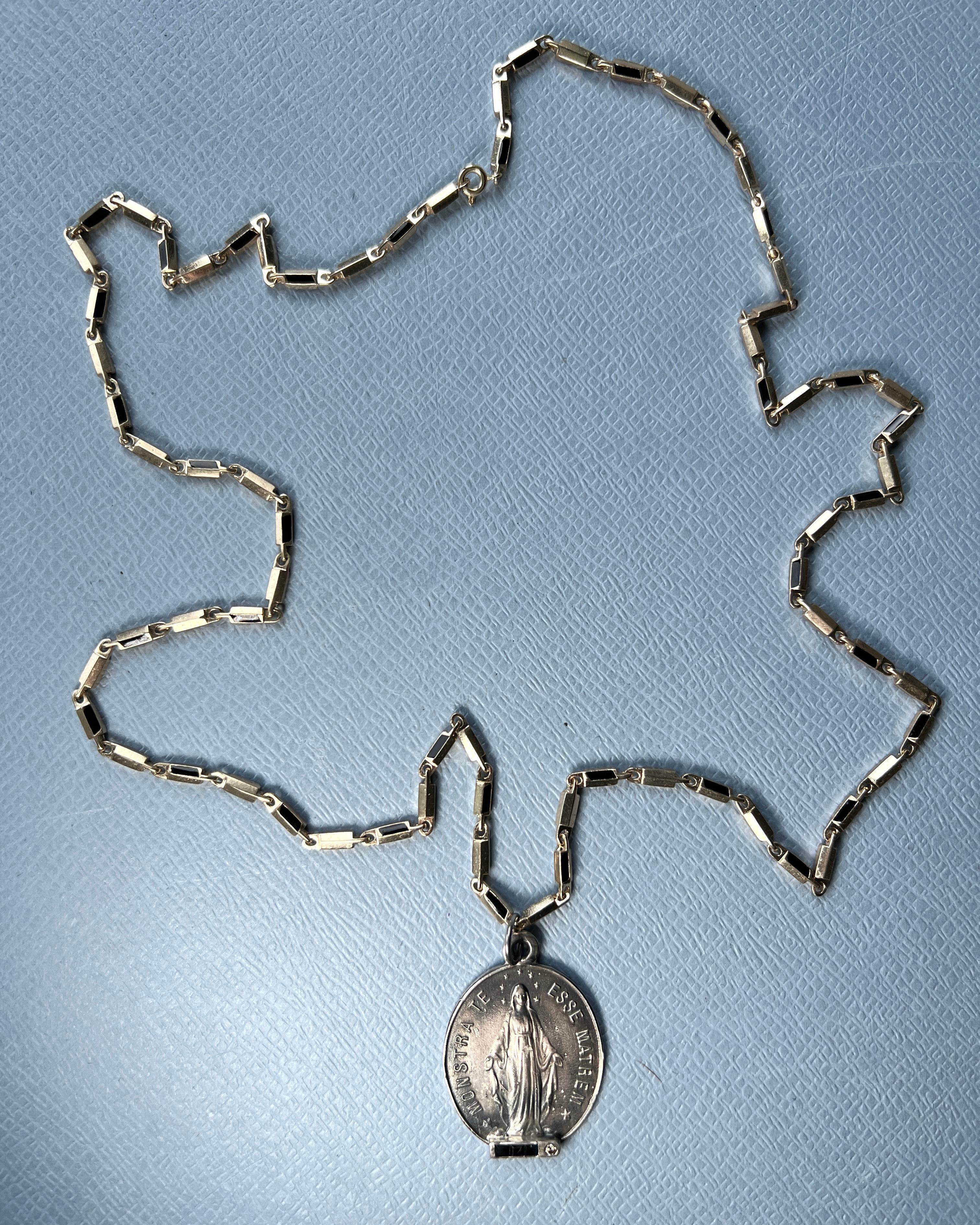Blue Sapphire White Diamond Virgin Mary Medal Necklace Silver in vendita 4
