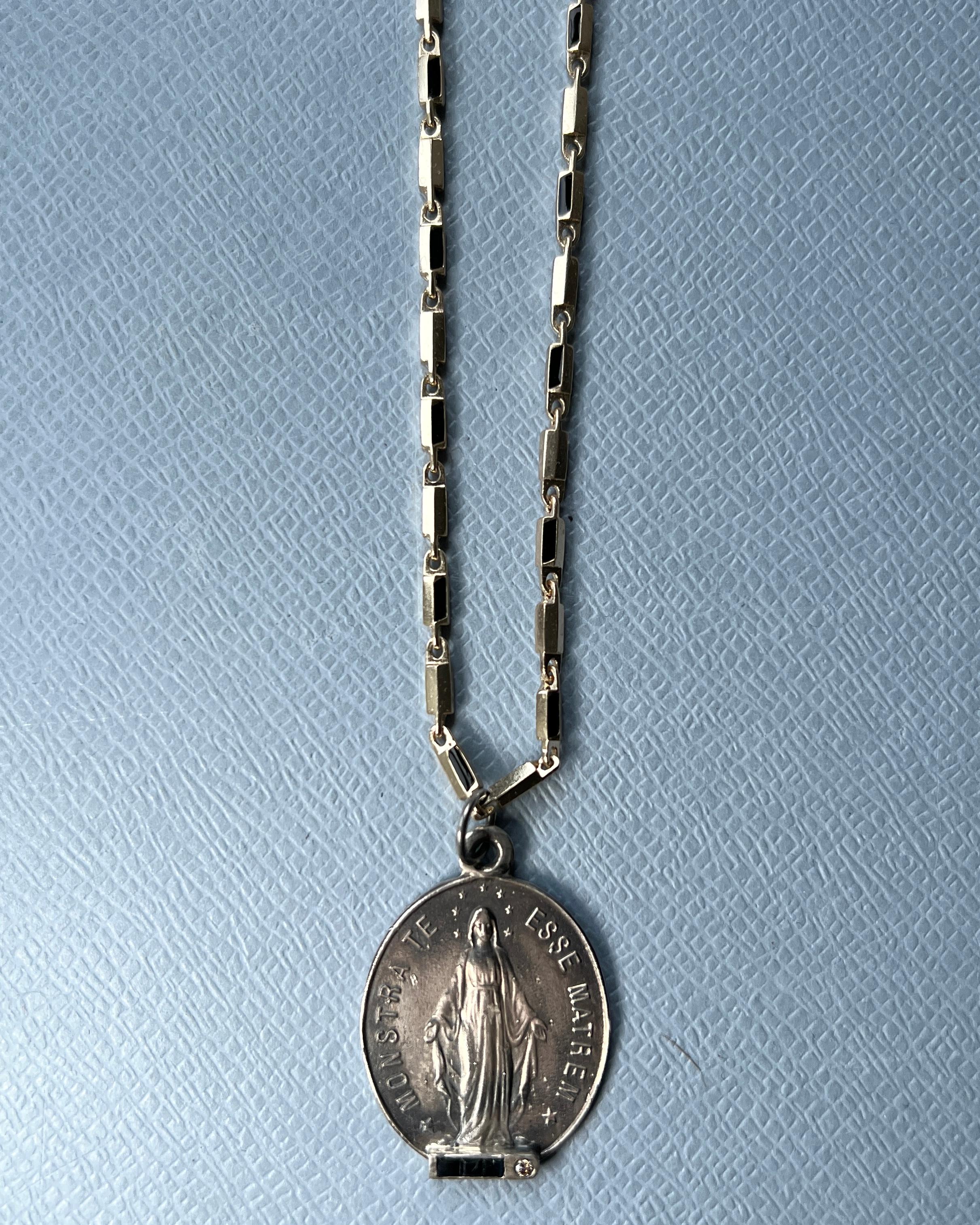 Blue Sapphire White Diamond Virgin Mary Medal Necklace Silver in vendita 2