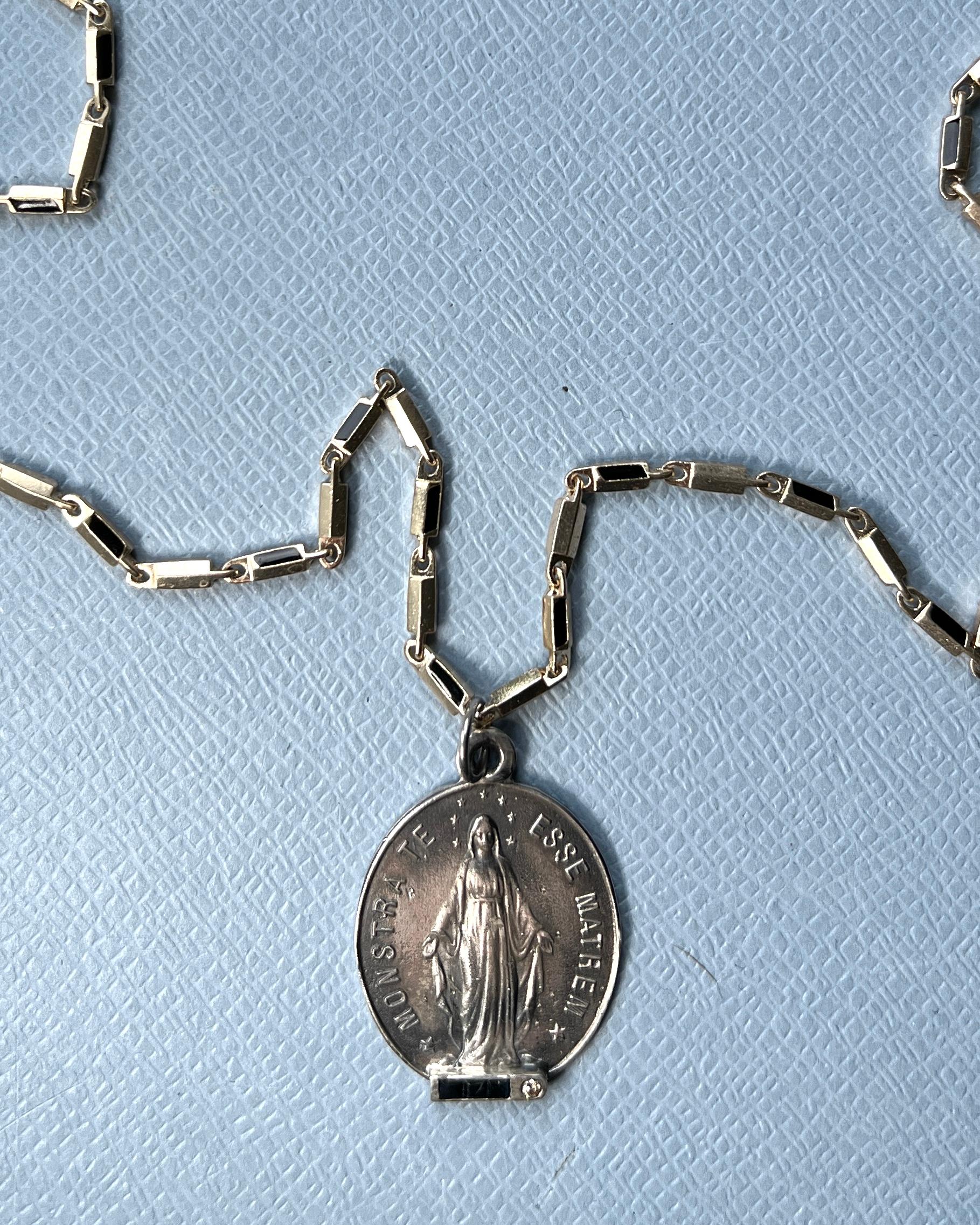 Blue Sapphire White Diamond Virgin Mary Medal Necklace Silver in vendita 3