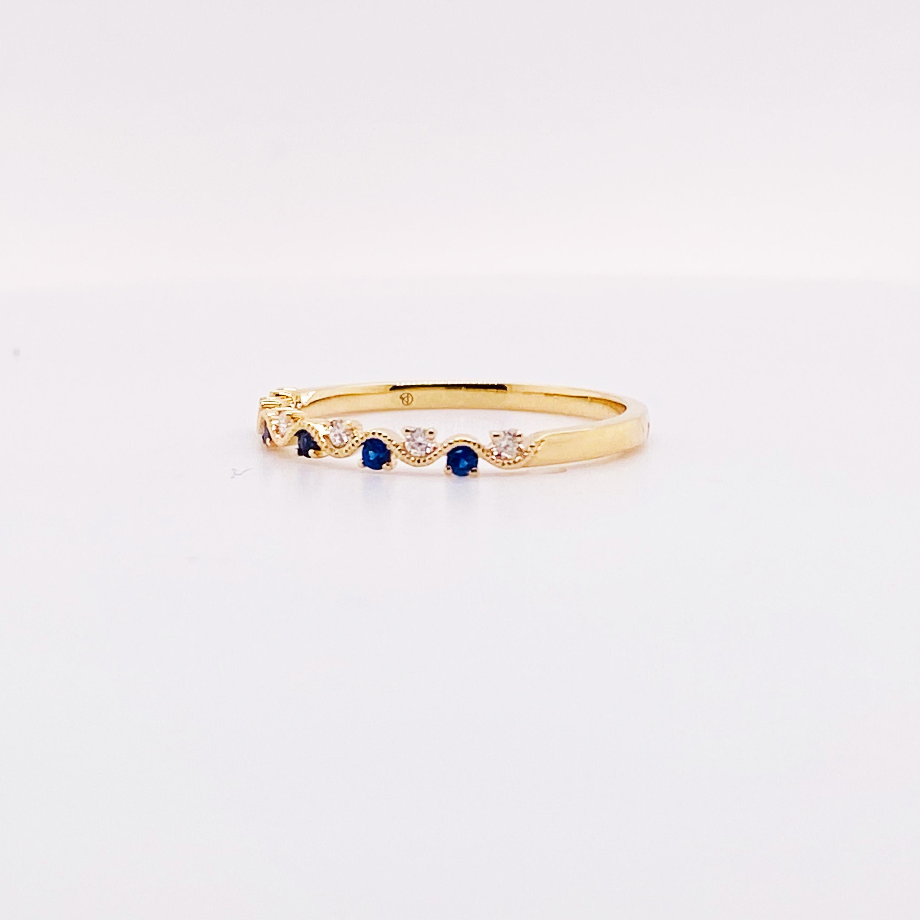 For Sale:  Sapphire & Diamond Wave Band 14K Yellow Gold Milgrain Stackable Ring 6