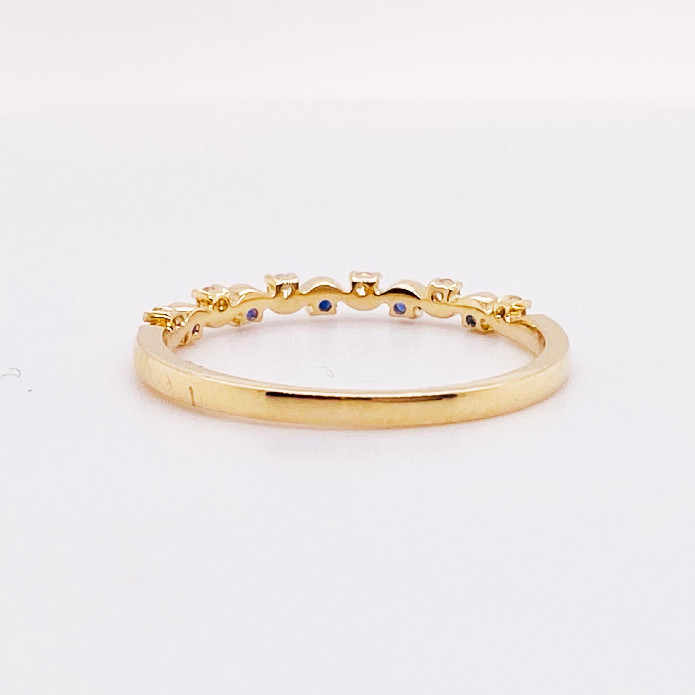 For Sale:  Sapphire & Diamond Wave Band 14K Yellow Gold Milgrain Stackable Ring 7