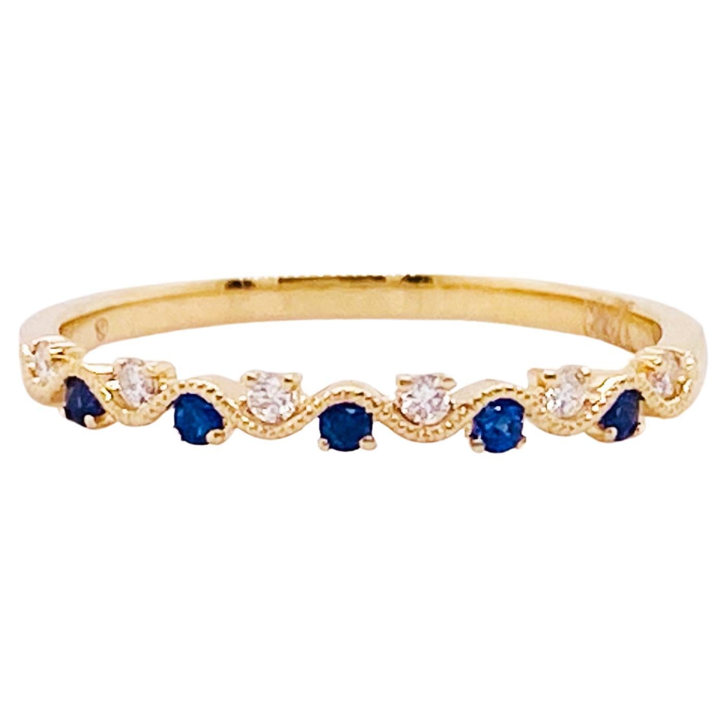 Sapphire & Diamond Wave Band 14K Yellow Gold Milgrain Stackable Ring