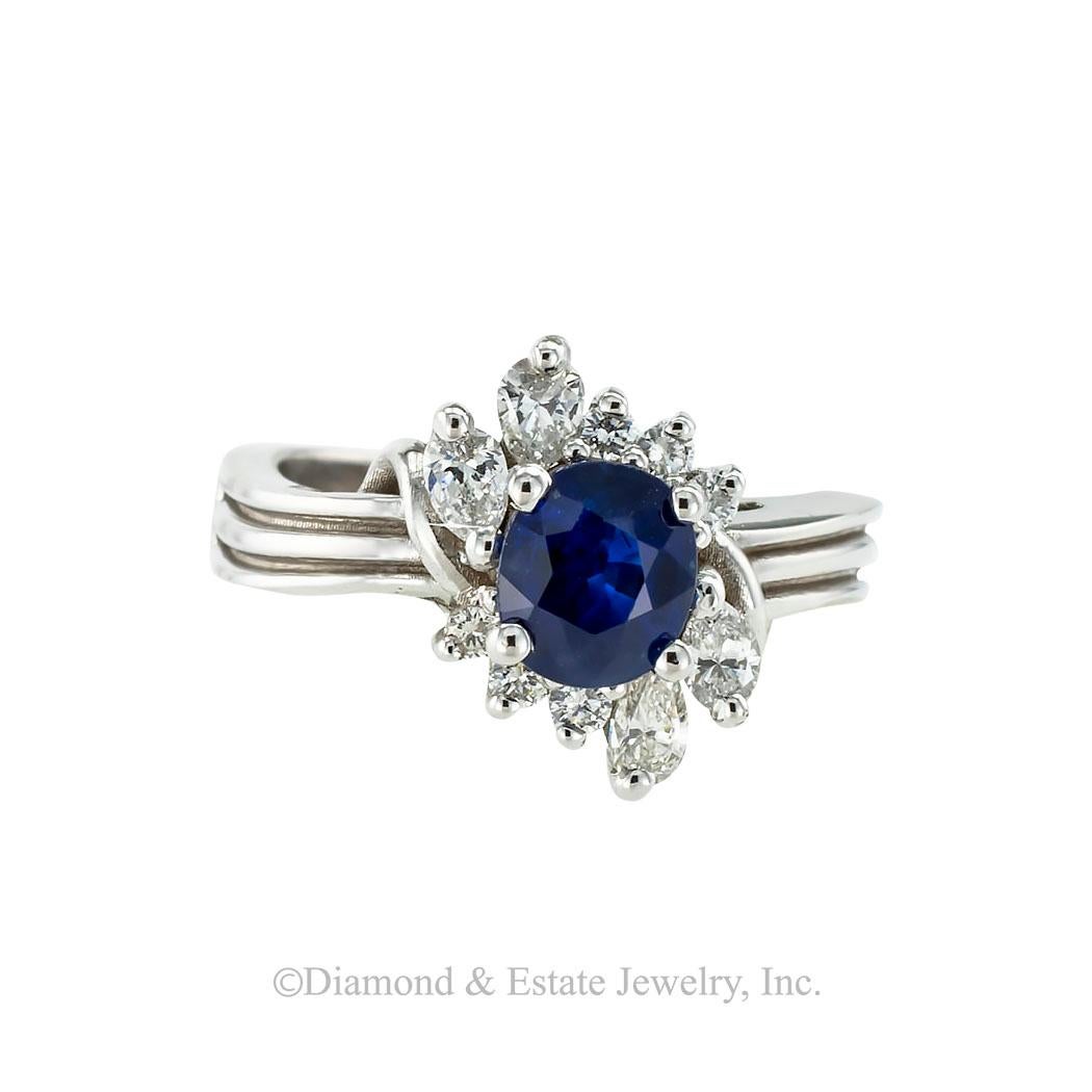 Contemporary Sapphire Diamond White Gold Cluster Ring For Sale