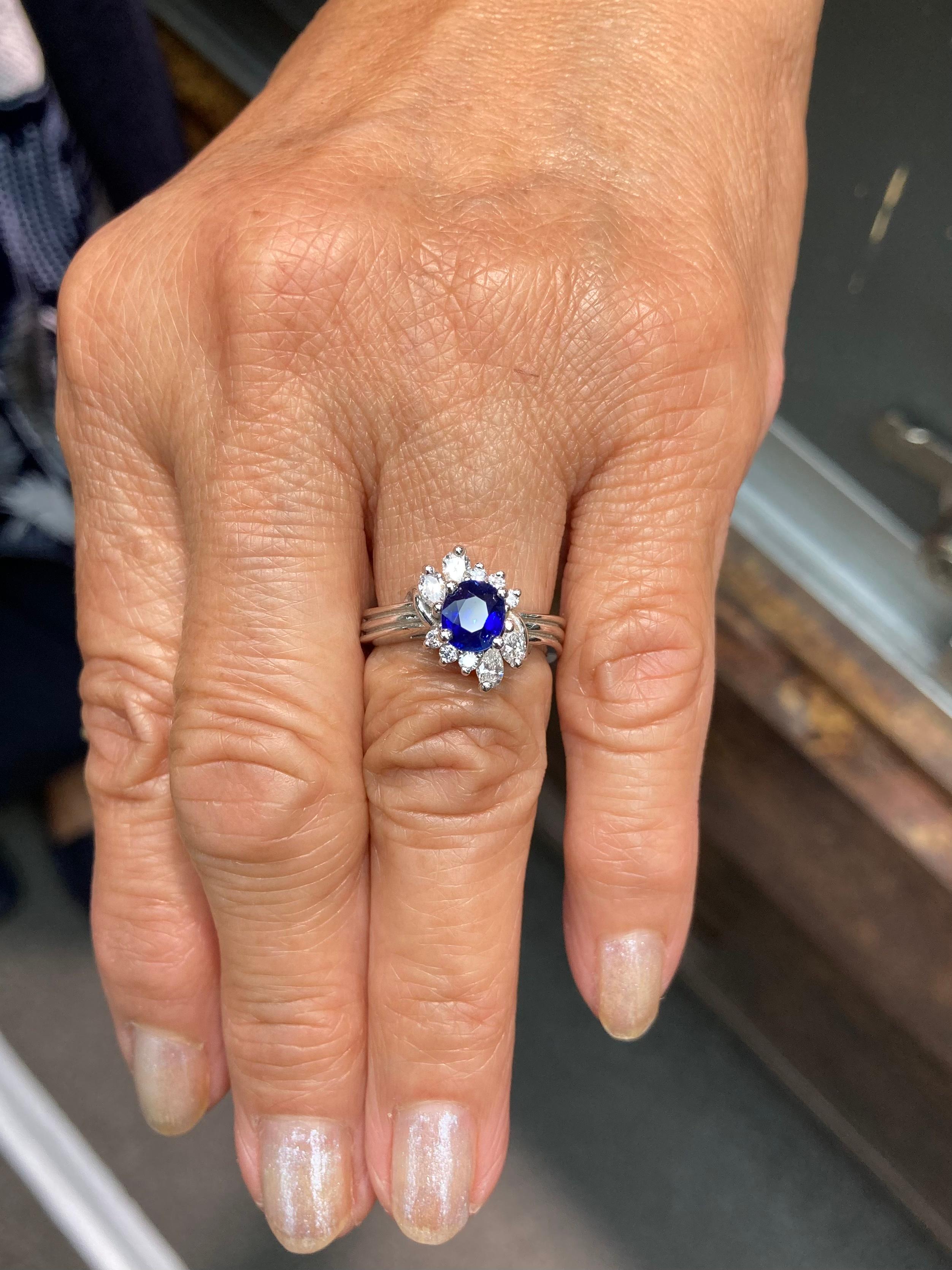 Women's Sapphire Diamond White Gold Cluster Ring For Sale