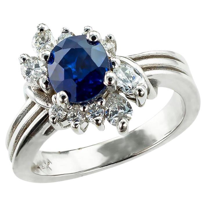 Sapphire Diamond White Gold Cluster Ring For Sale