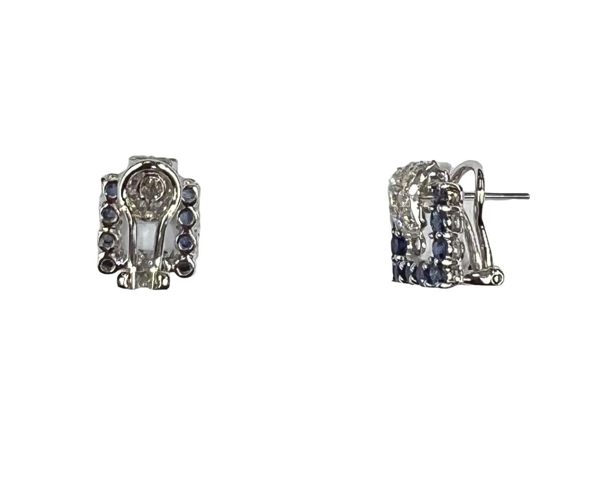 Sapphire diamond white gold pierced clip on earrings.

These lovely earrings are just right for everyday wearing or for dress up.  The sapphires have that beautiful lighter royal blue color 
along with the near-colorless white diamonds, all mounted