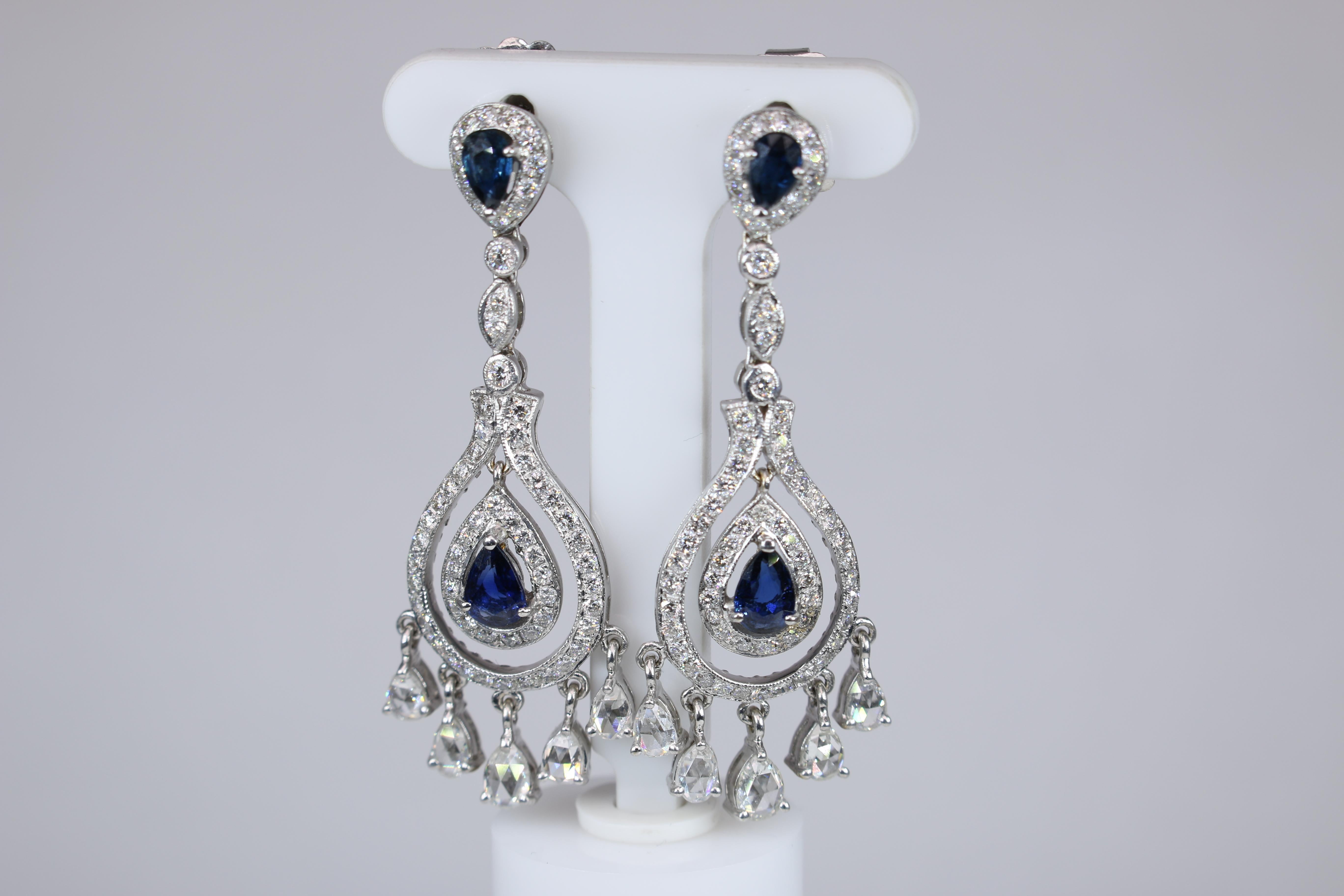 18K White Gold Sapphire Diamond Chandelier Earrings 