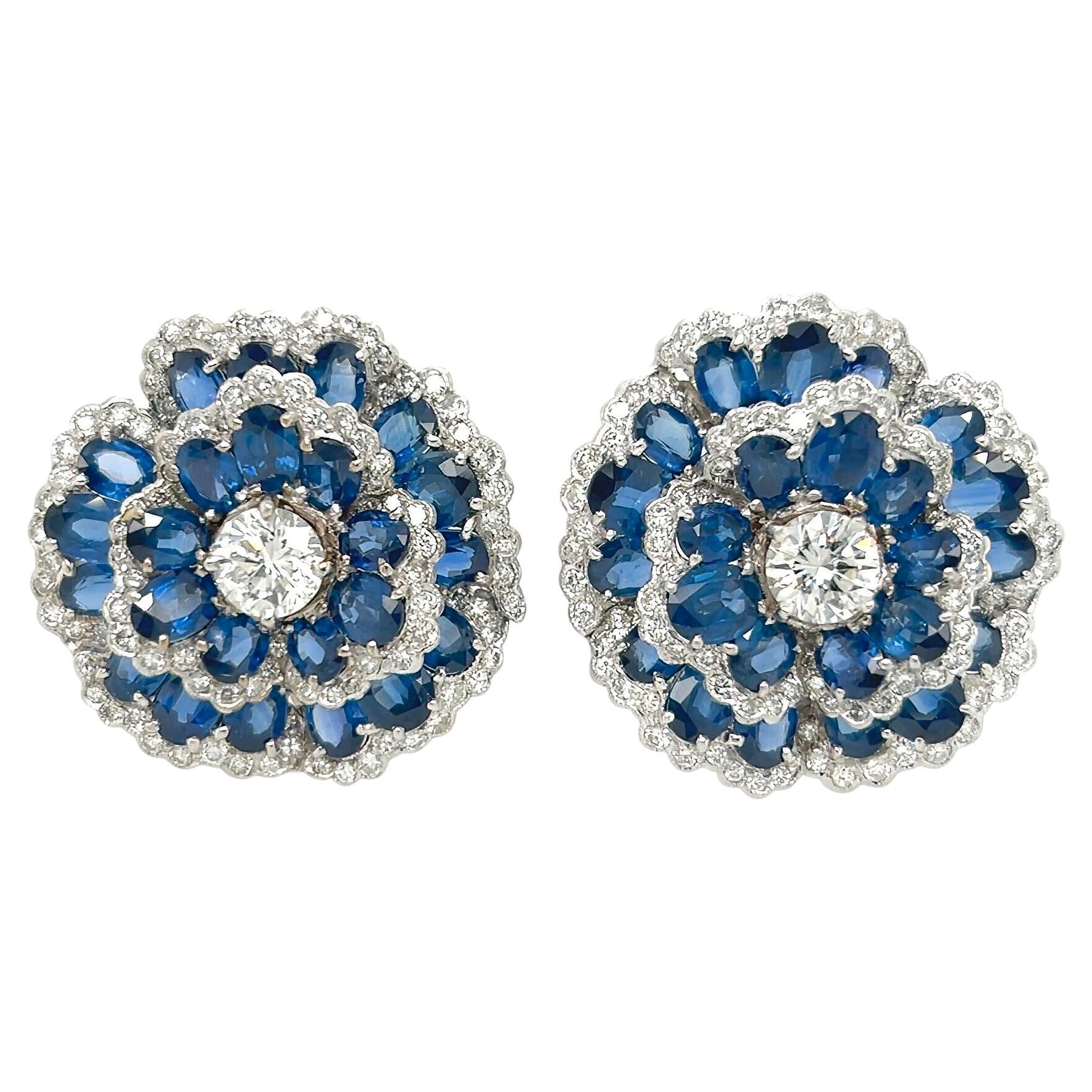 Sapphire Diamond White Gold Flower Earrings