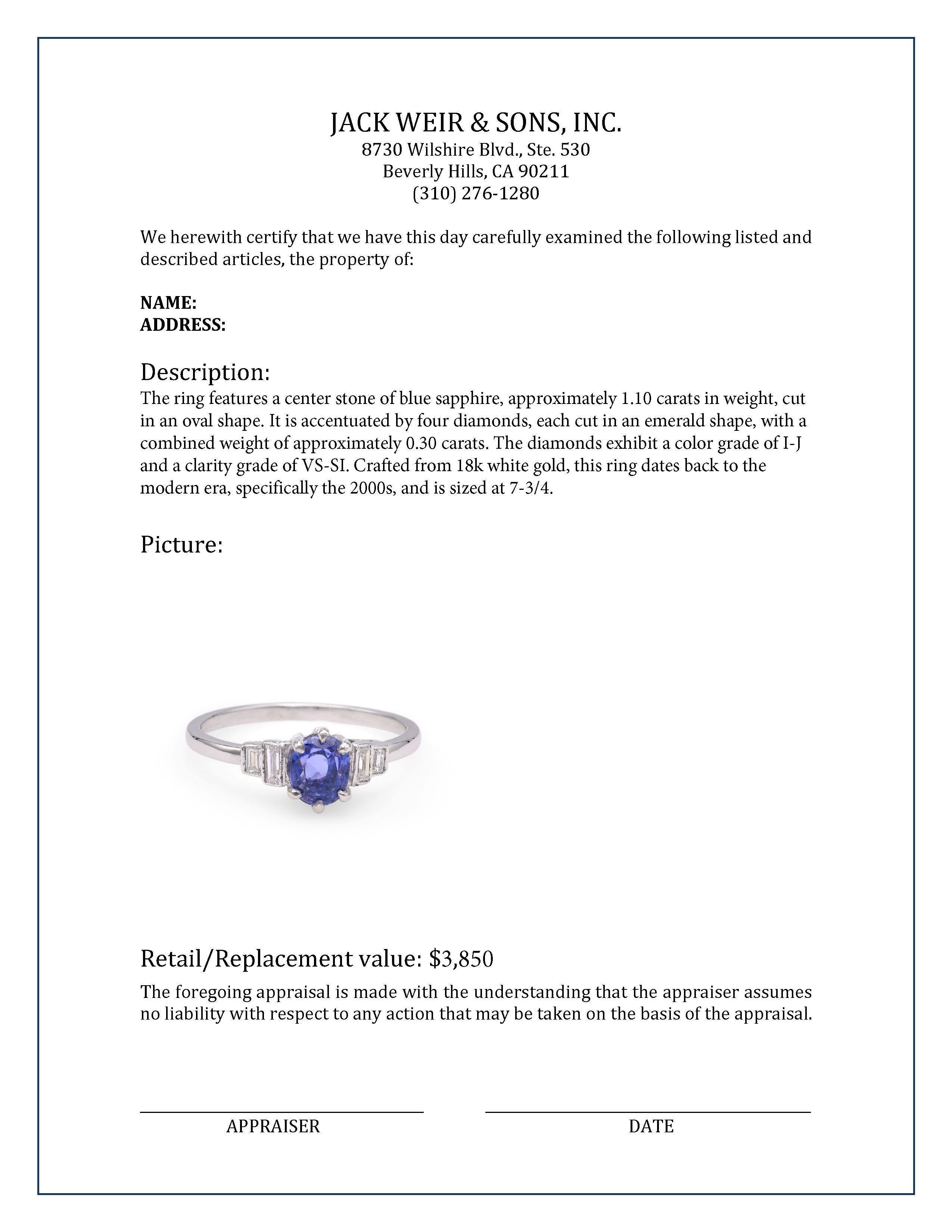 Sapphire Diamond White Gold Ring In Excellent Condition For Sale In Beverly Hills, CA