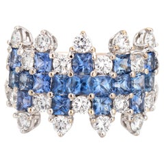 Sapphire Diamond Wide Band Sz 5.5 Ring 18k White Gold Fine Vintage Jewelry