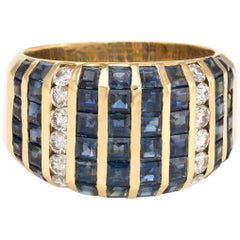 Sapphire Diamond Wide Cigar Band Vintage 18 Karat Yellow Gold Ring
