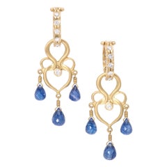 Sapphire and Diamond Woven Heart Chandelier Earrings in 18 Karat Gold