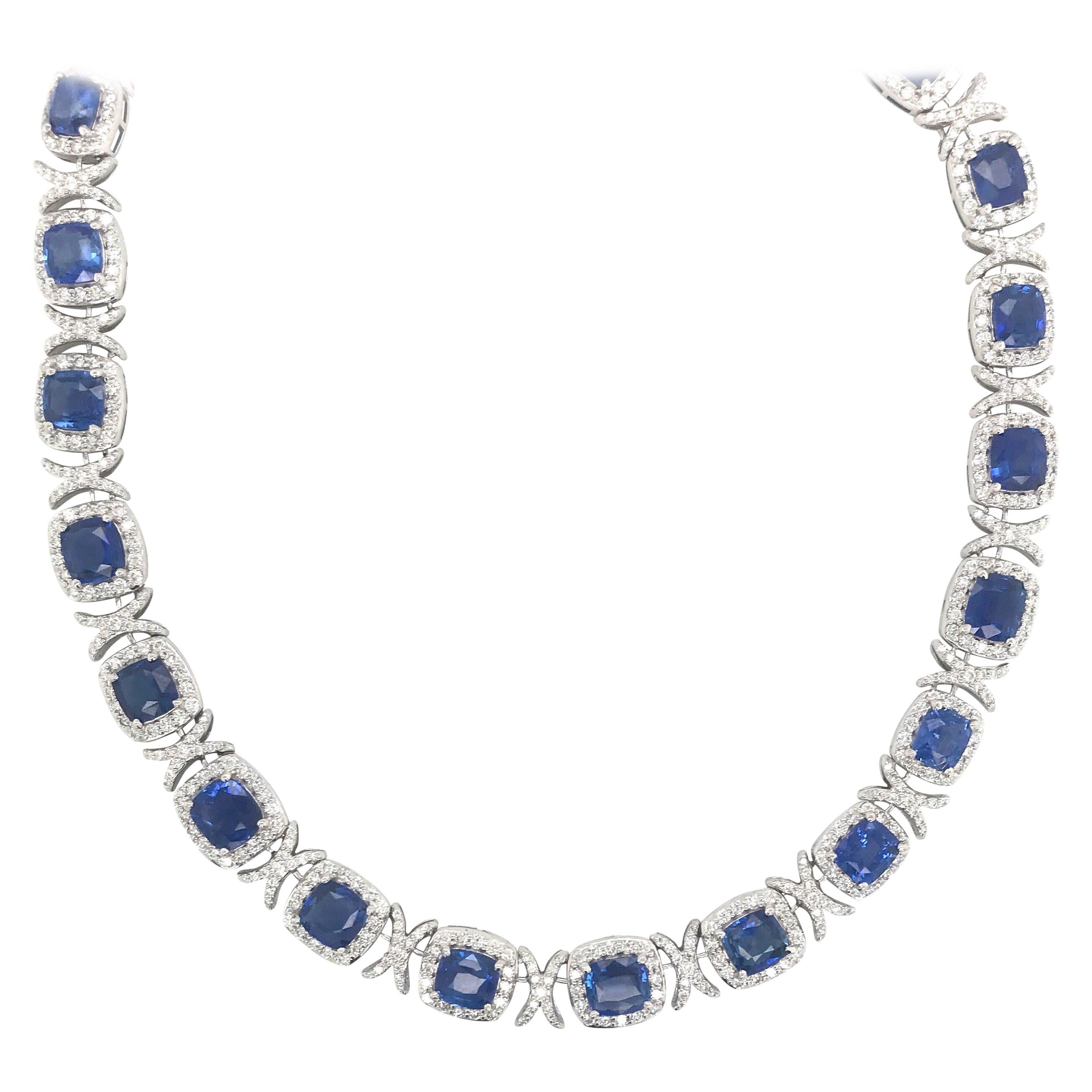 Sapphire Diamond XO Necklace 55.23 Carat 18 Karat White Gold