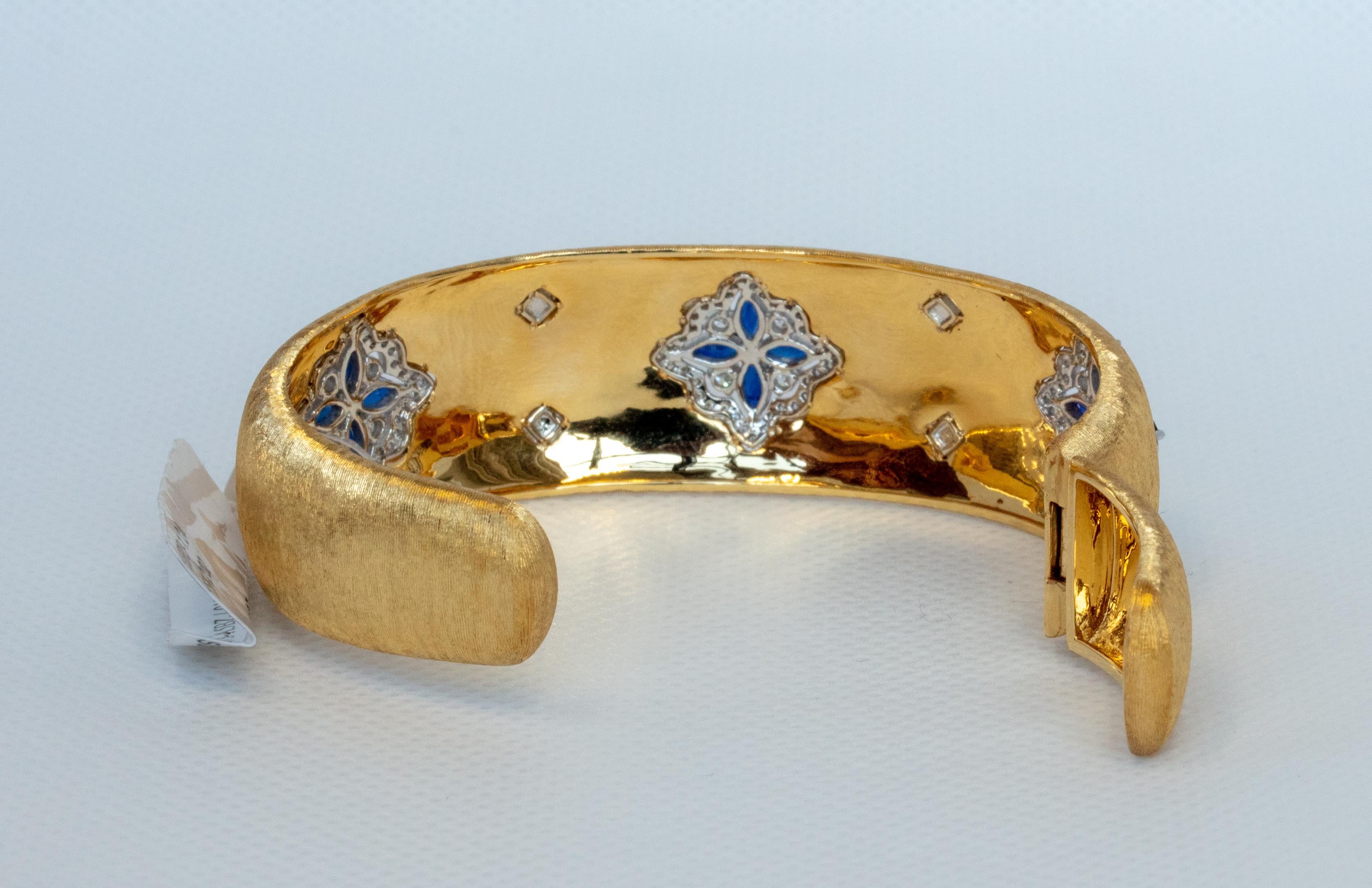 Modern Sapphire Diamond Yellow White 18K Gold Link Bracelet in Florentine Technique